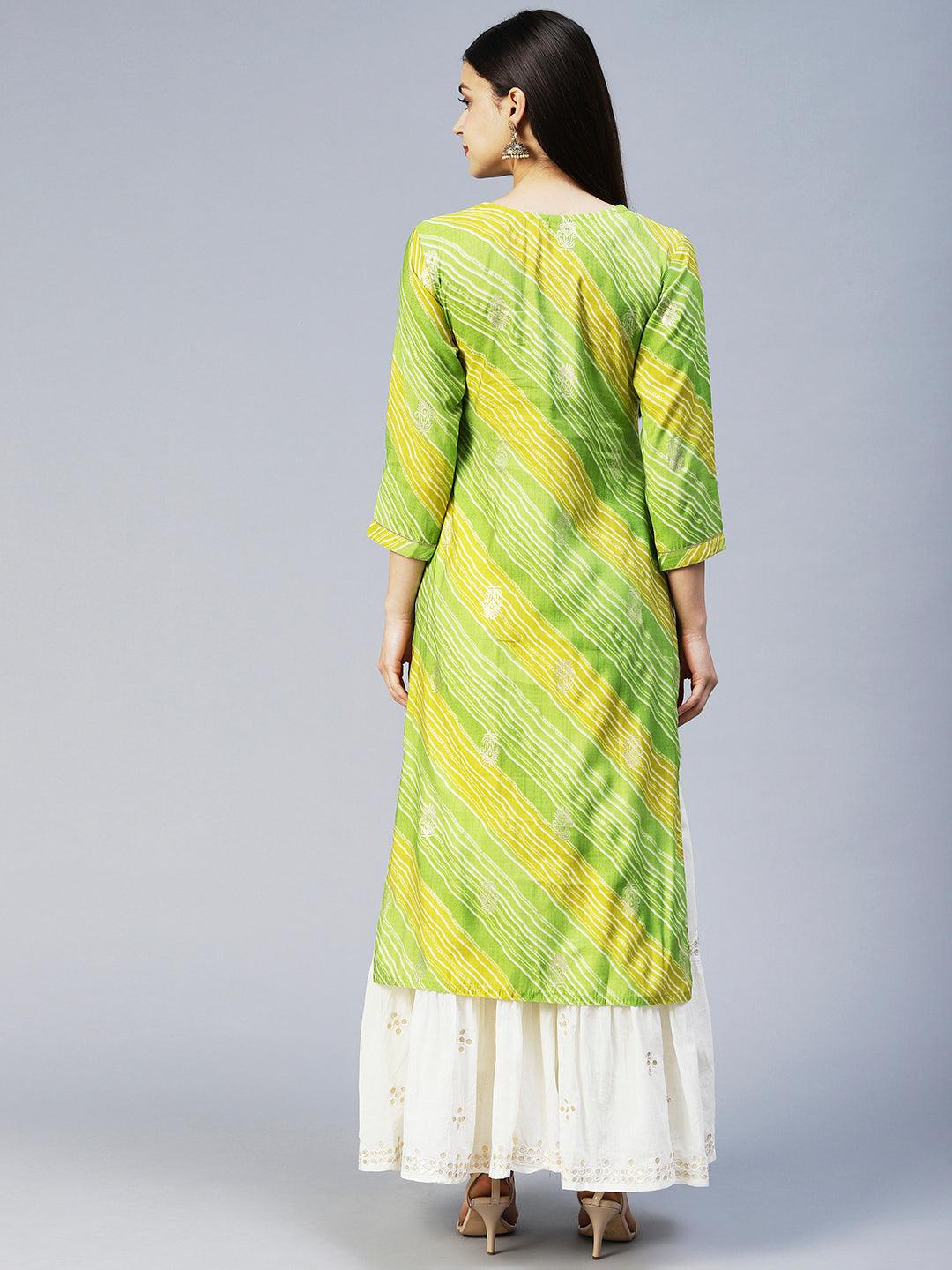 Leheriya Printed & Embroidered Straight Fit Kurta – Light Green - Indiakreations