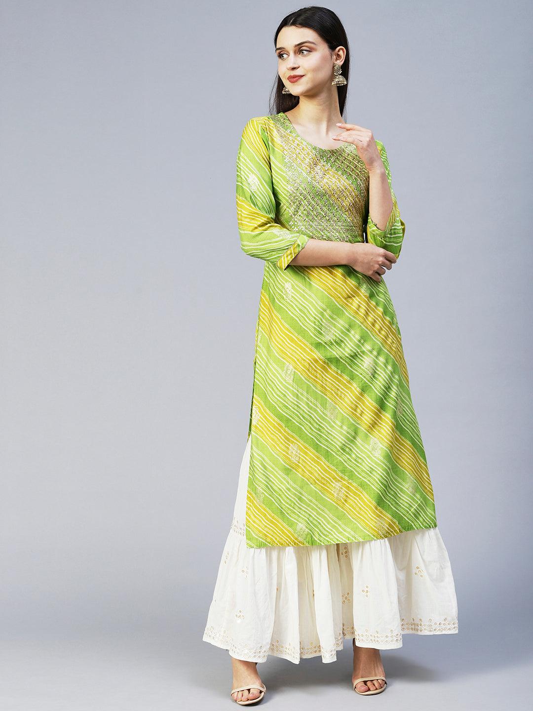 Leheriya Printed & Embroidered Straight Fit Kurta – Light Green - Indiakreations