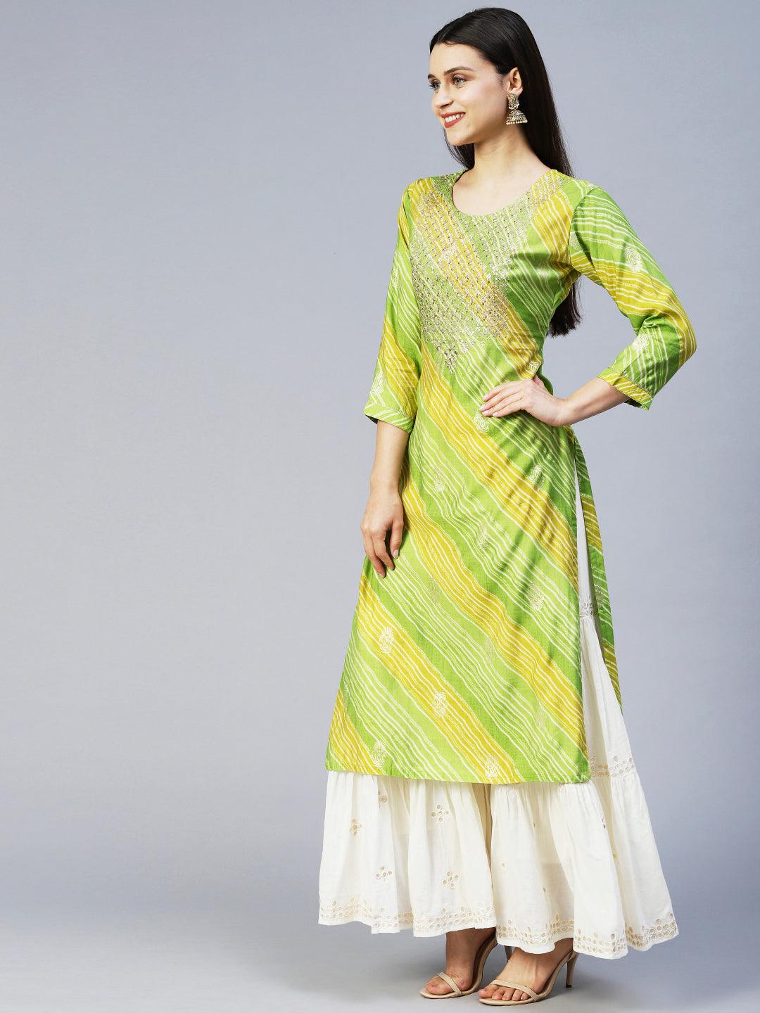 Leheriya Printed & Embroidered Straight Fit Kurta – Light Green - Indiakreations