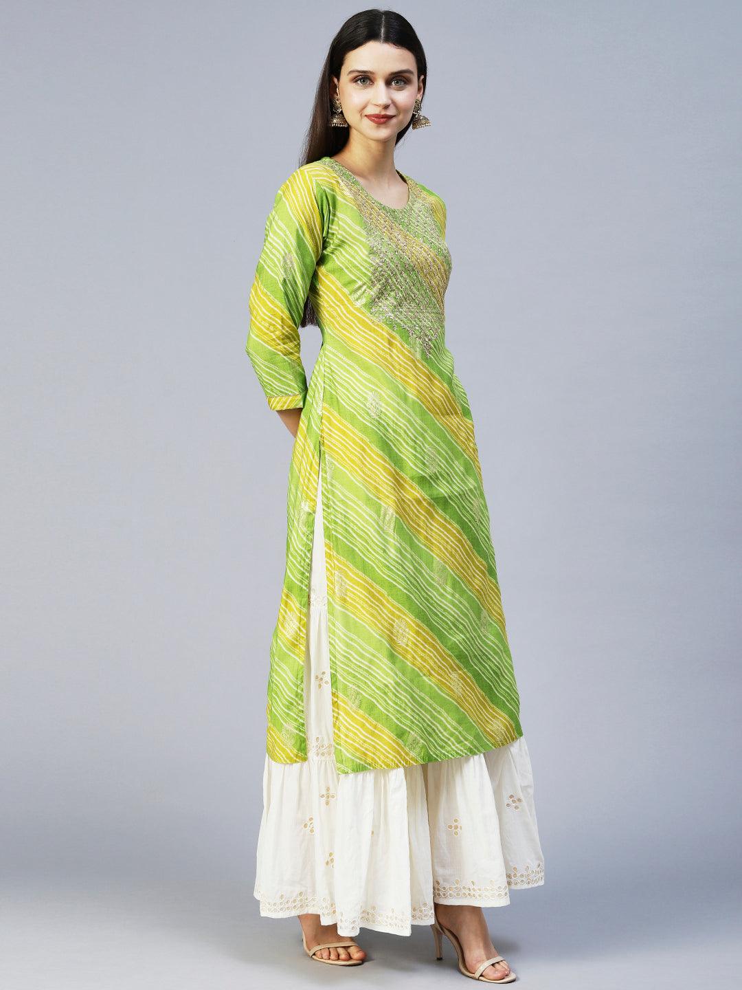 Leheriya Printed & Embroidered Straight Fit Kurta – Light Green - Indiakreations