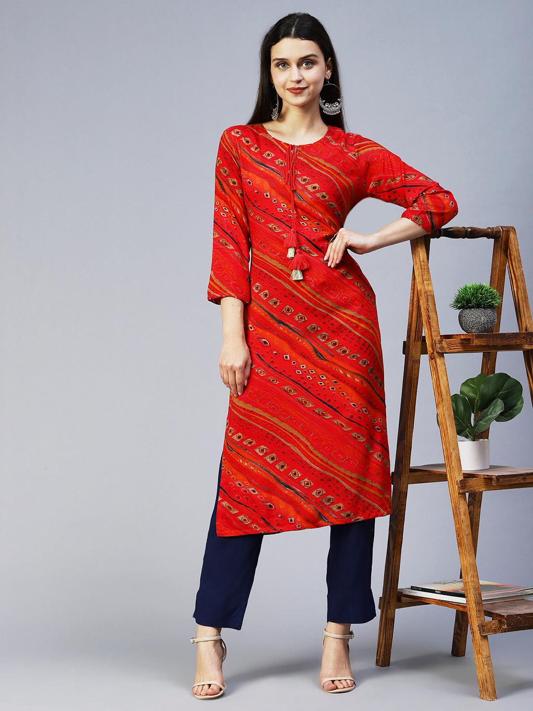 Ethnic Printed Straight Fit Kurta – Red - Indiakreations