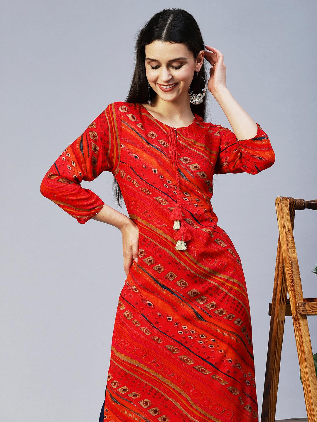 Ethnic Printed Straight Fit Kurta – Red - Indiakreations