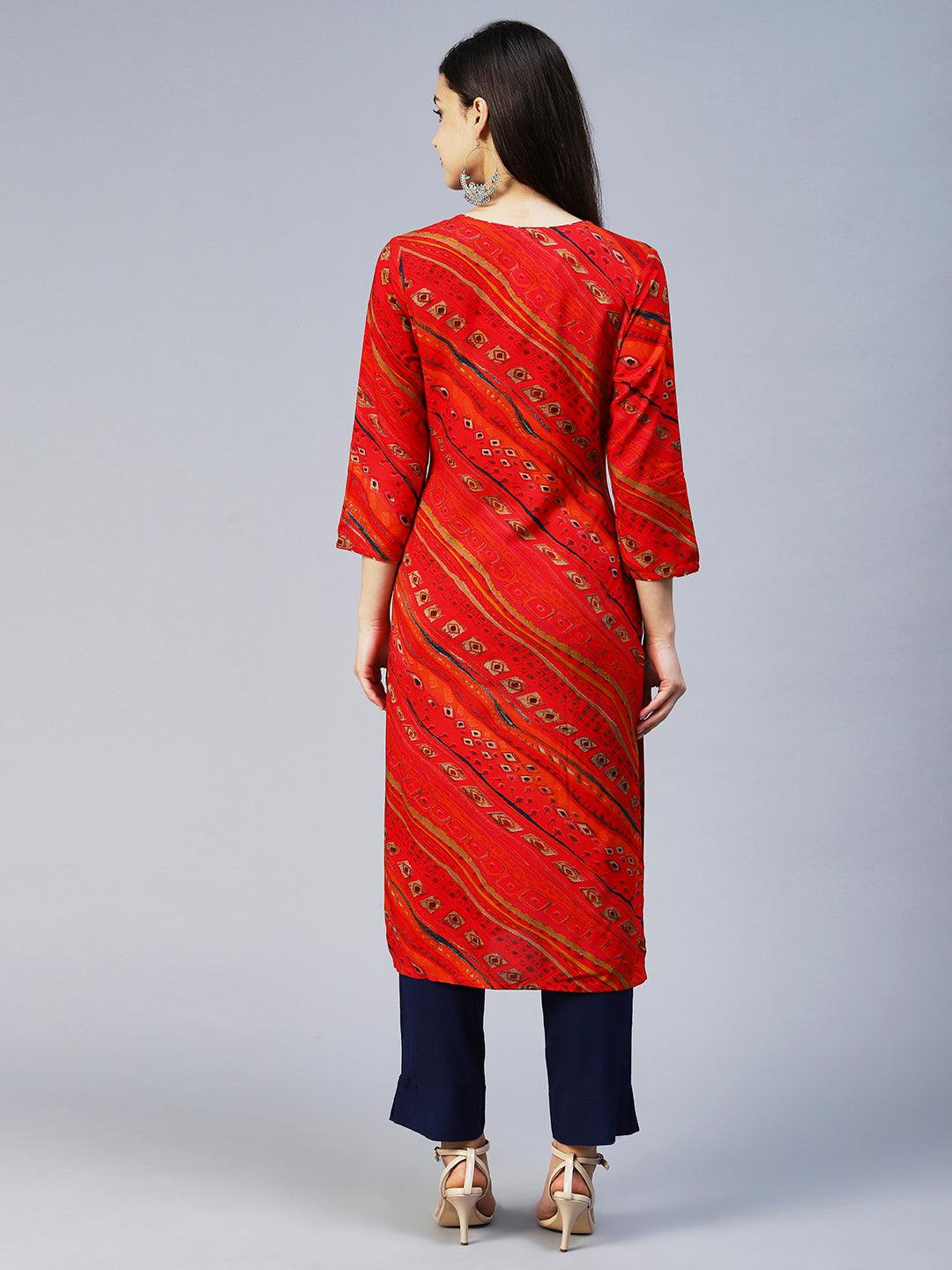 Ethnic Printed Straight Fit Kurta – Red - Indiakreations