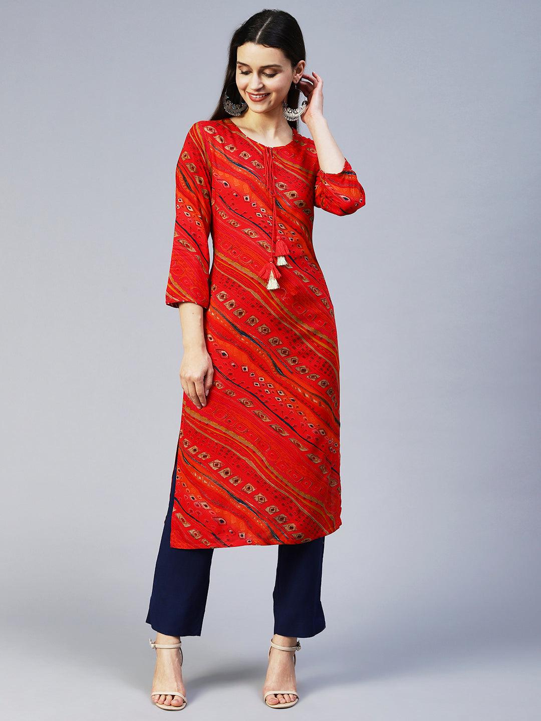 Ethnic Printed Straight Fit Kurta – Red - Indiakreations