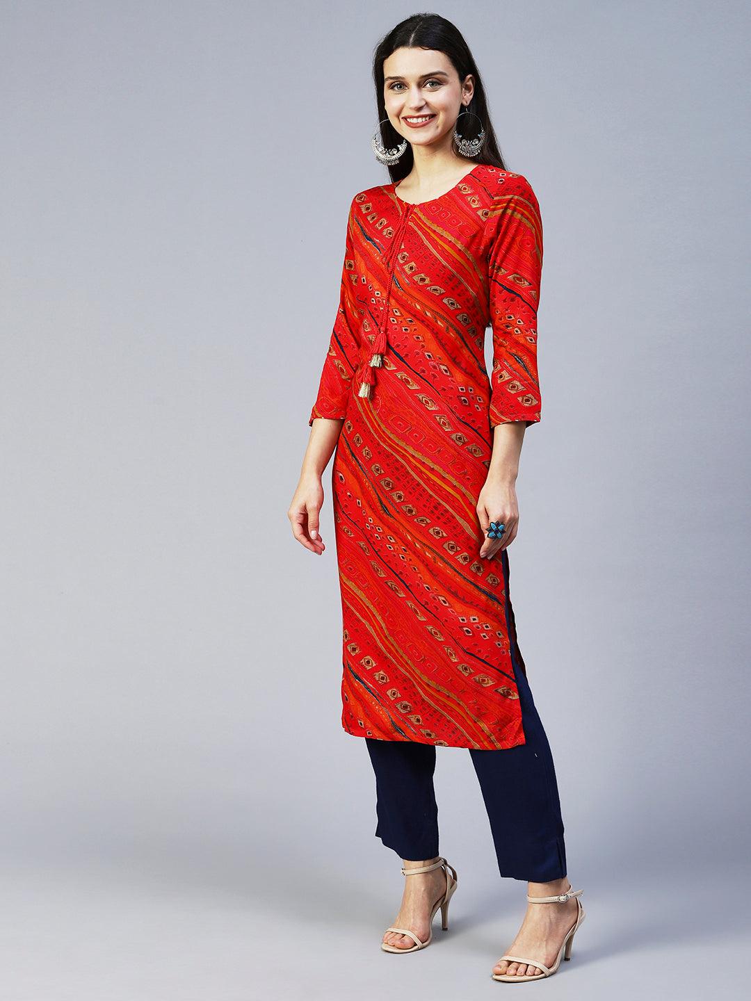 Ethnic Printed Straight Fit Kurta – Red - Indiakreations