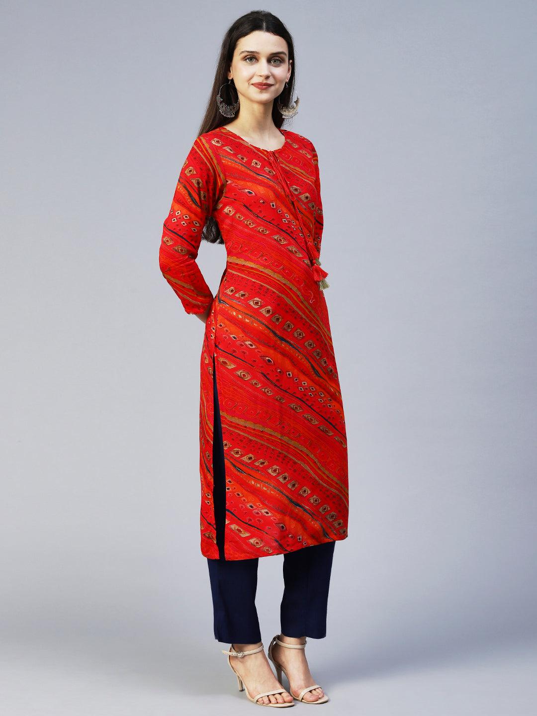 Ethnic Printed Straight Fit Kurta – Red - Indiakreations