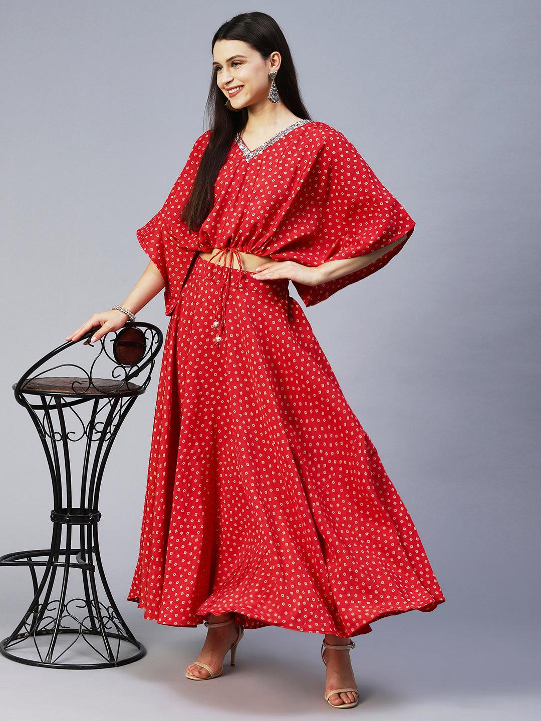 Bandhani Printed & Ethnic Embroidered Co-ord Set - Bright Red - Indiakreations