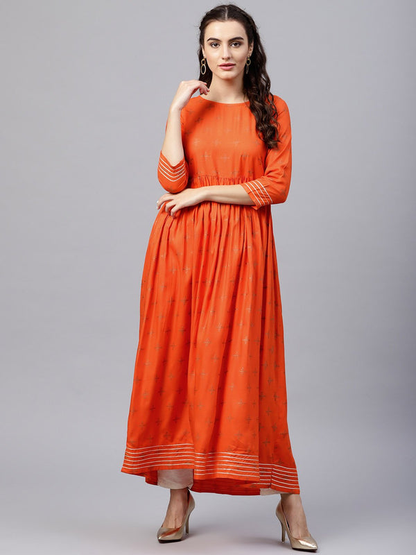 Rusty Orange printed kurta with round neck and 3/4 Flared sleeves | NOZ2TOZ - Made In INDIA.