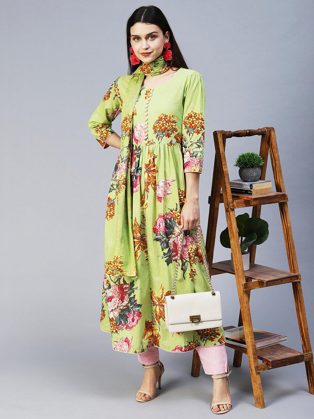 Floral Printed A-Line Kurta with Pant & Dupatta - Light Green - Indiakreations