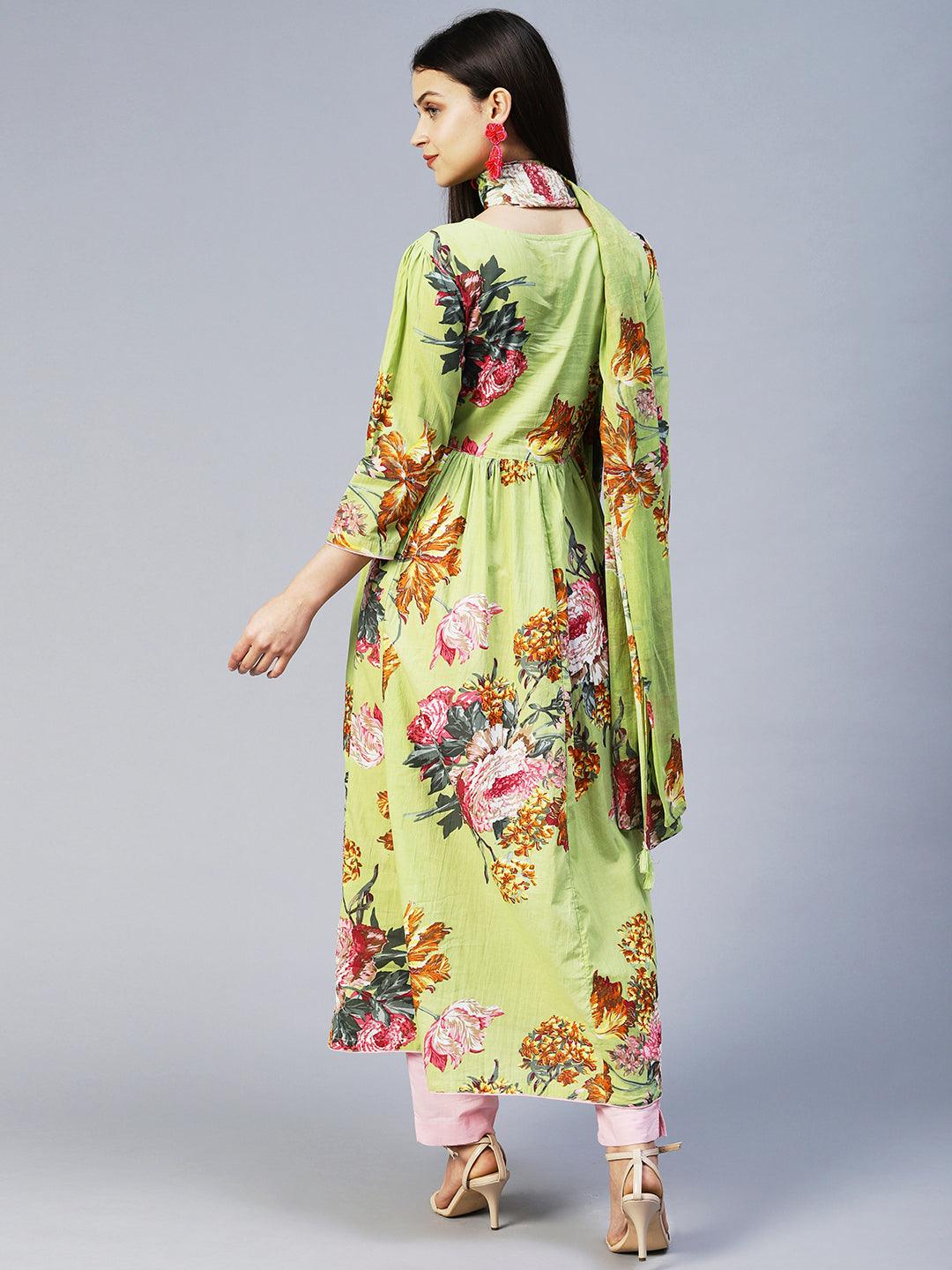 Floral Printed A-Line Kurta with Pant & Dupatta - Light Green - Indiakreations