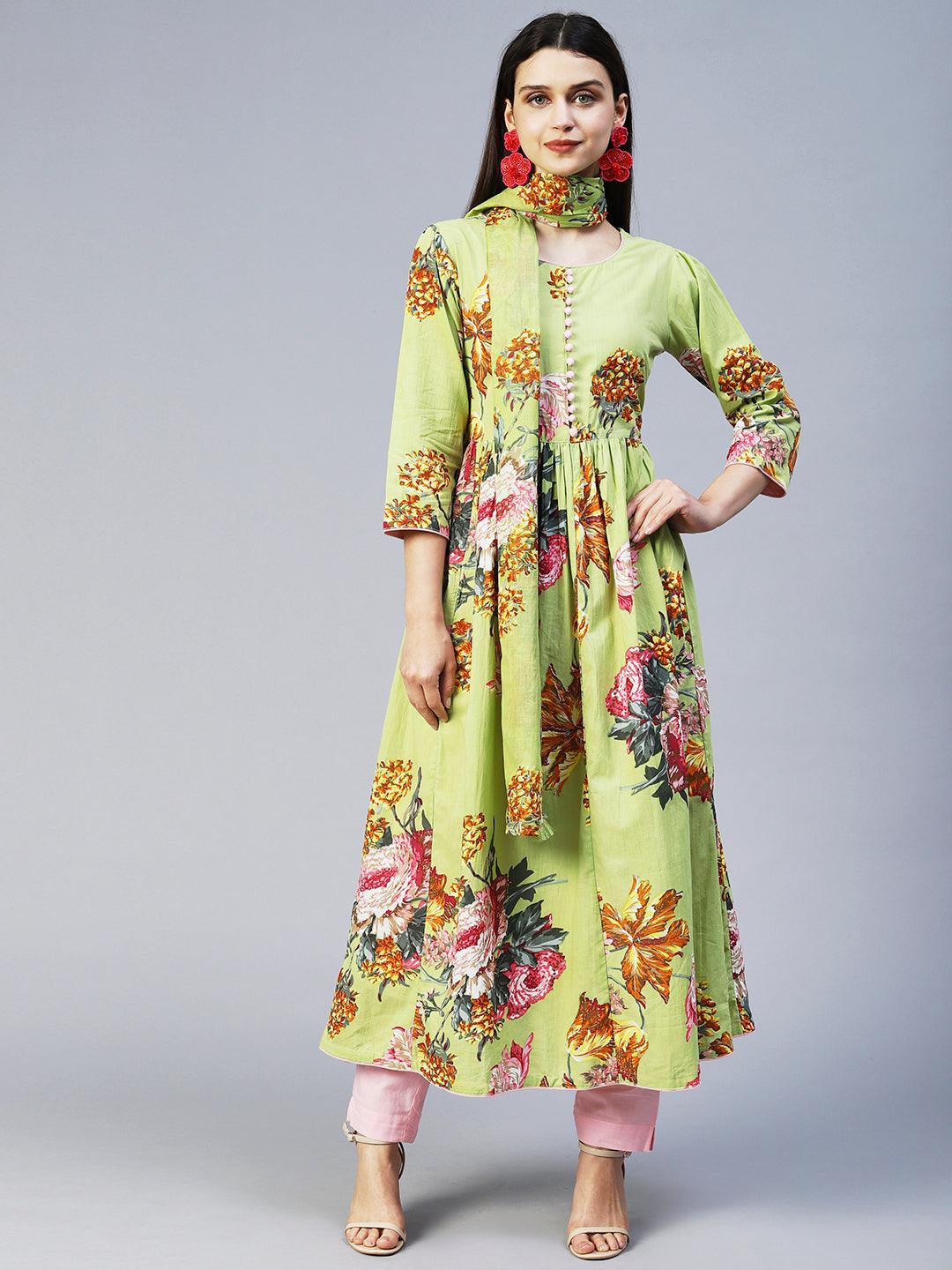 Floral Printed A-Line Kurta with Pant & Dupatta - Light Green - Indiakreations