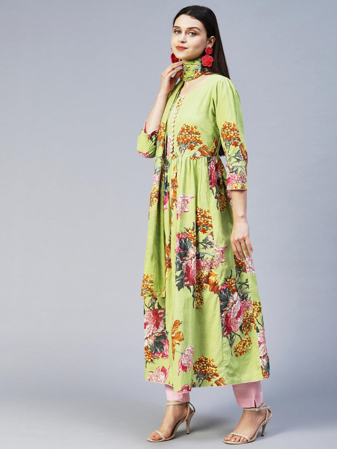 Floral Printed A-Line Kurta with Pant & Dupatta - Light Green - Indiakreations