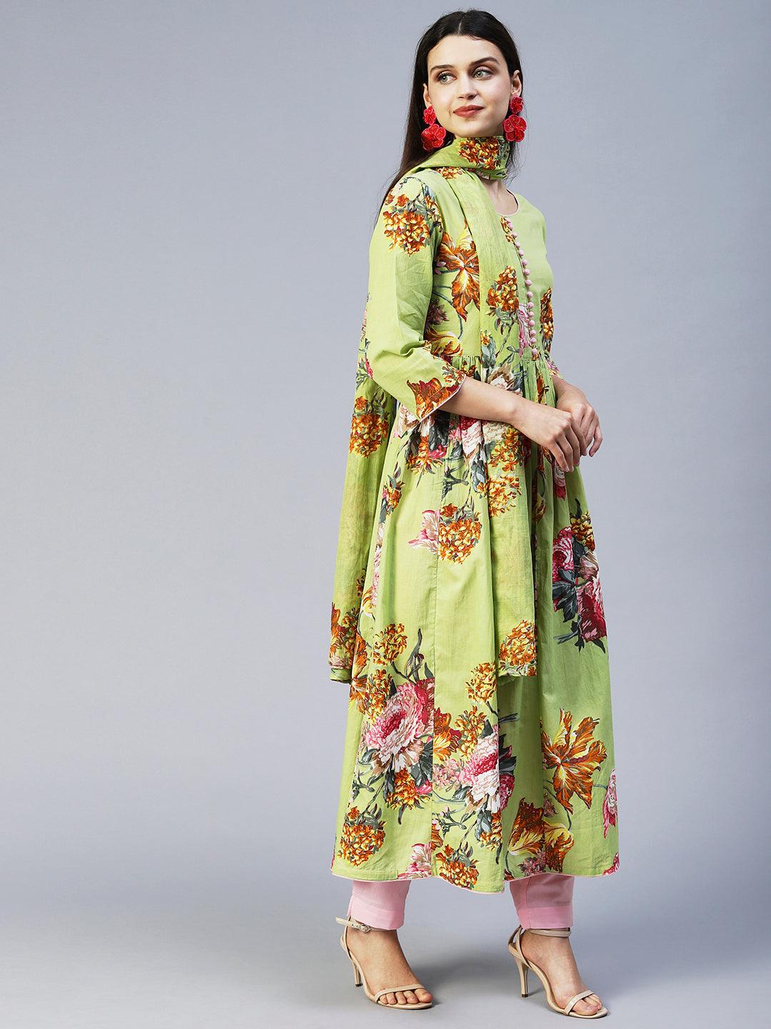 Floral Printed A-Line Kurta with Pant & Dupatta - Light Green - Indiakreations