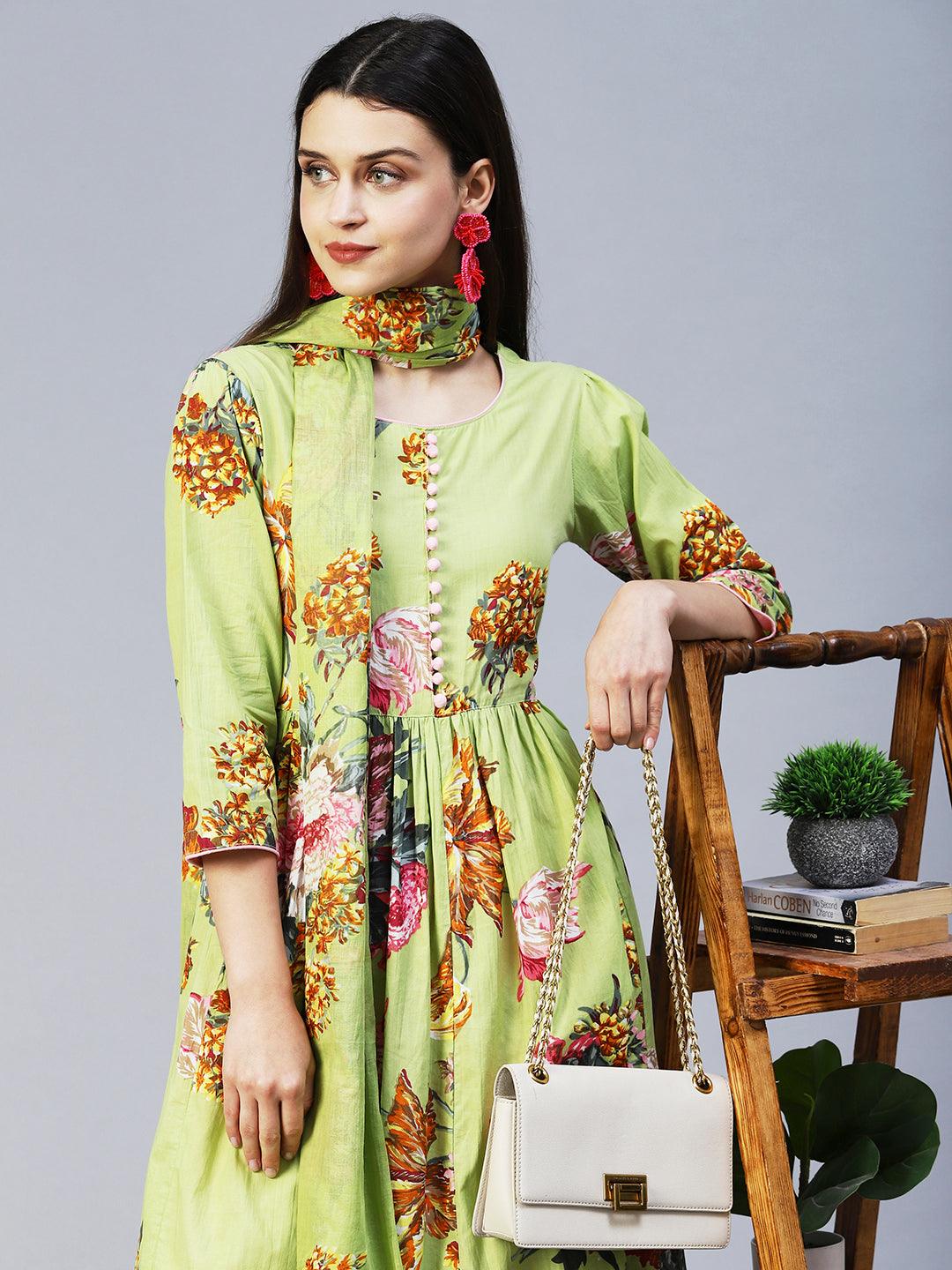 Floral Printed A-Line Kurta with Pant & Dupatta - Light Green - Indiakreations