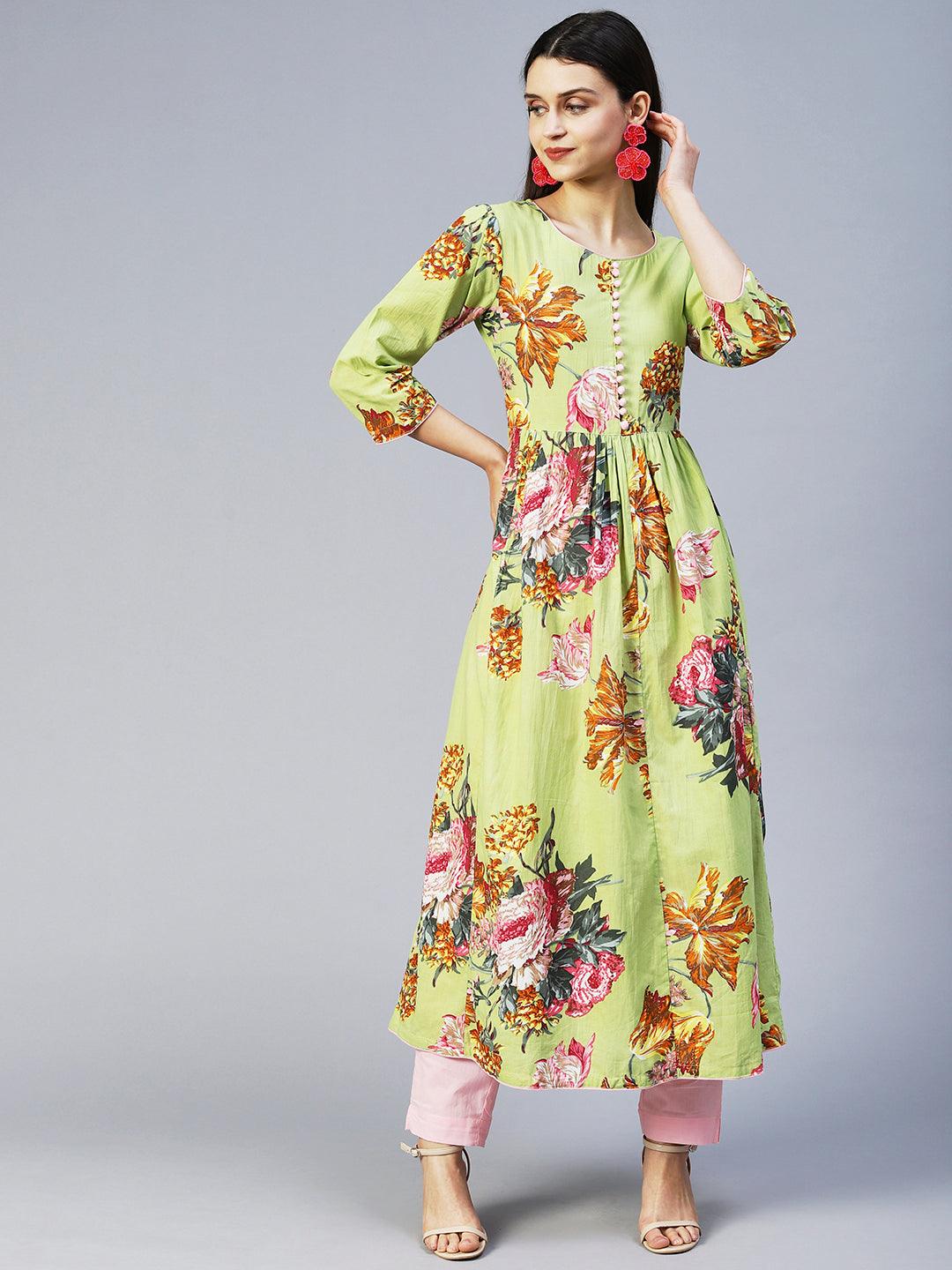 Floral Printed A-Line Kurta with Pant & Dupatta - Light Green - Indiakreations