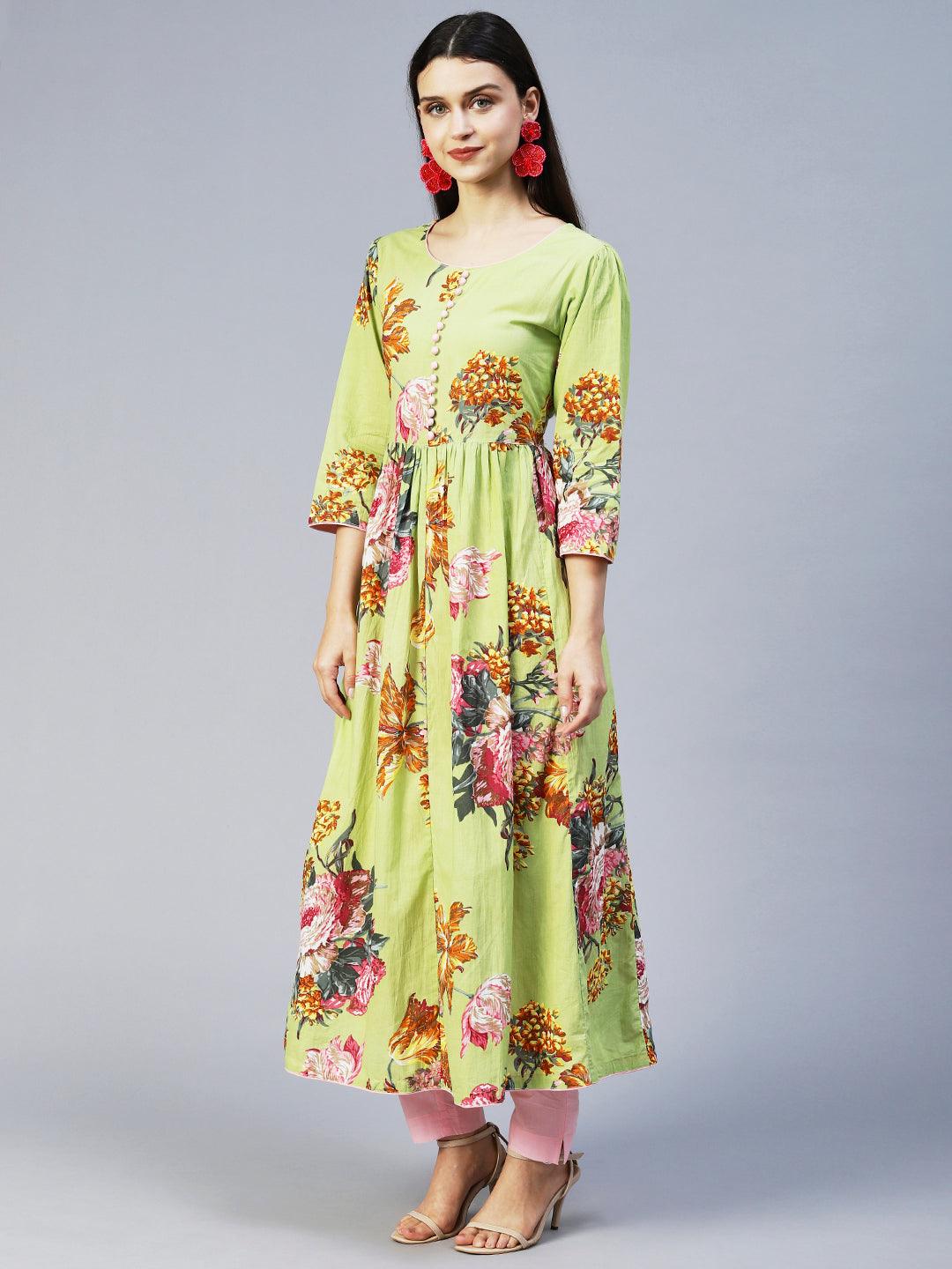 Floral Printed A-Line Kurta with Pant & Dupatta - Light Green - Indiakreations