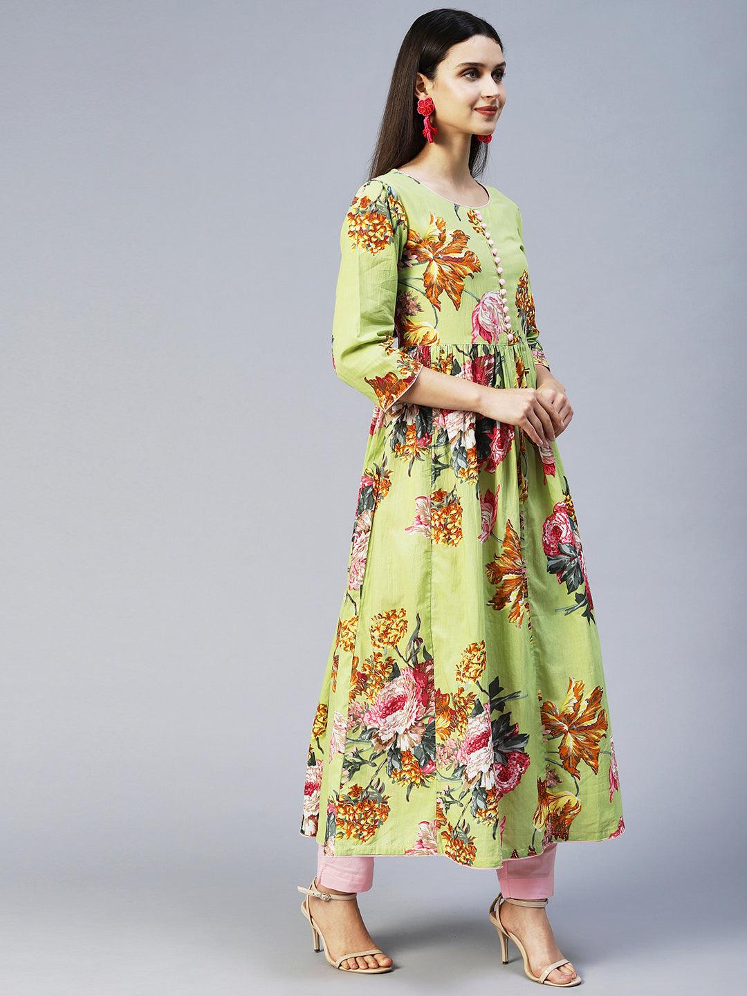 Floral Printed A-Line Kurta with Pant & Dupatta - Light Green - Indiakreations