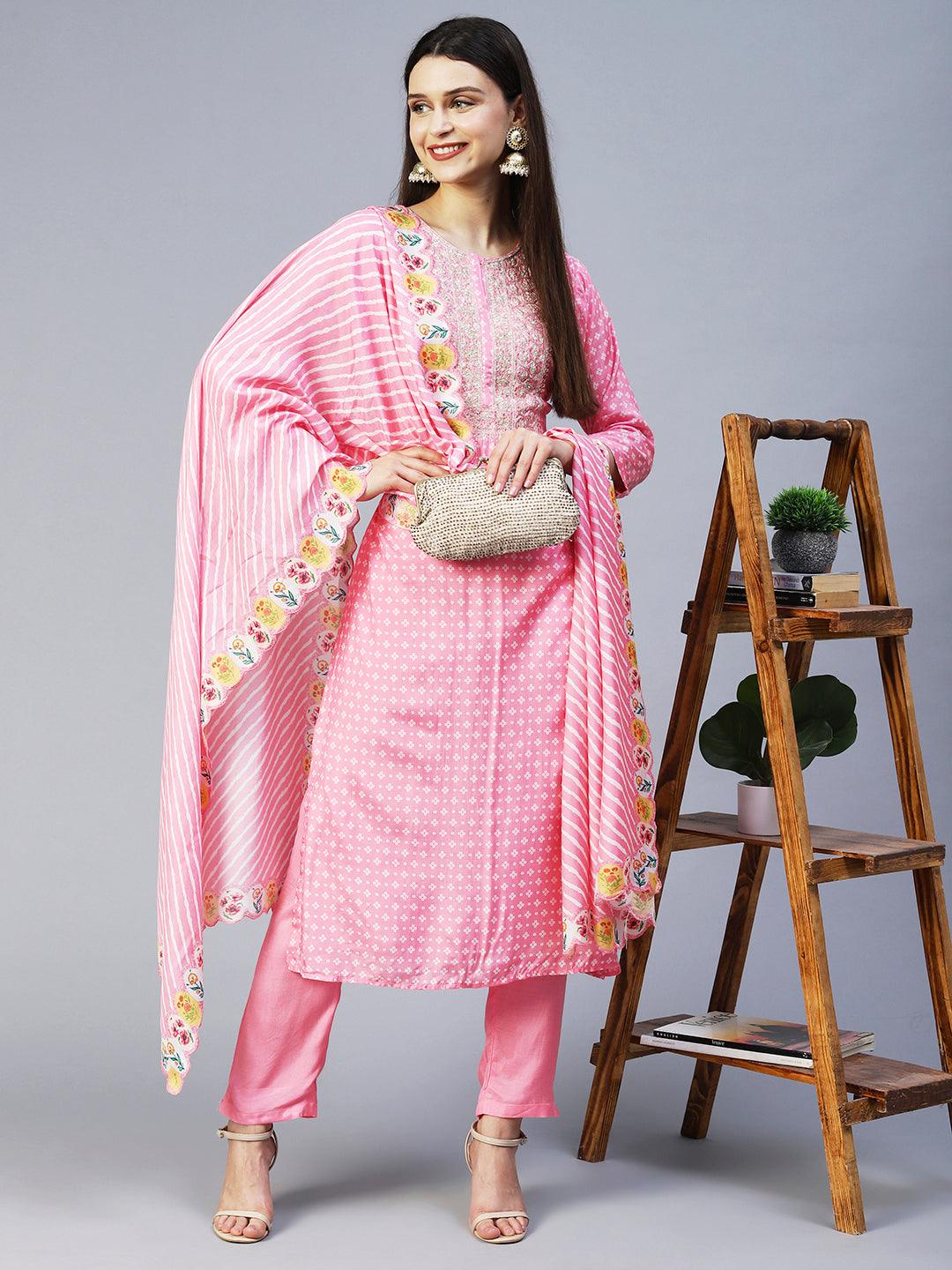 Bandhani Printed & Embroidered Kurta with Pant & Dupatta - Pink - Indiakreations