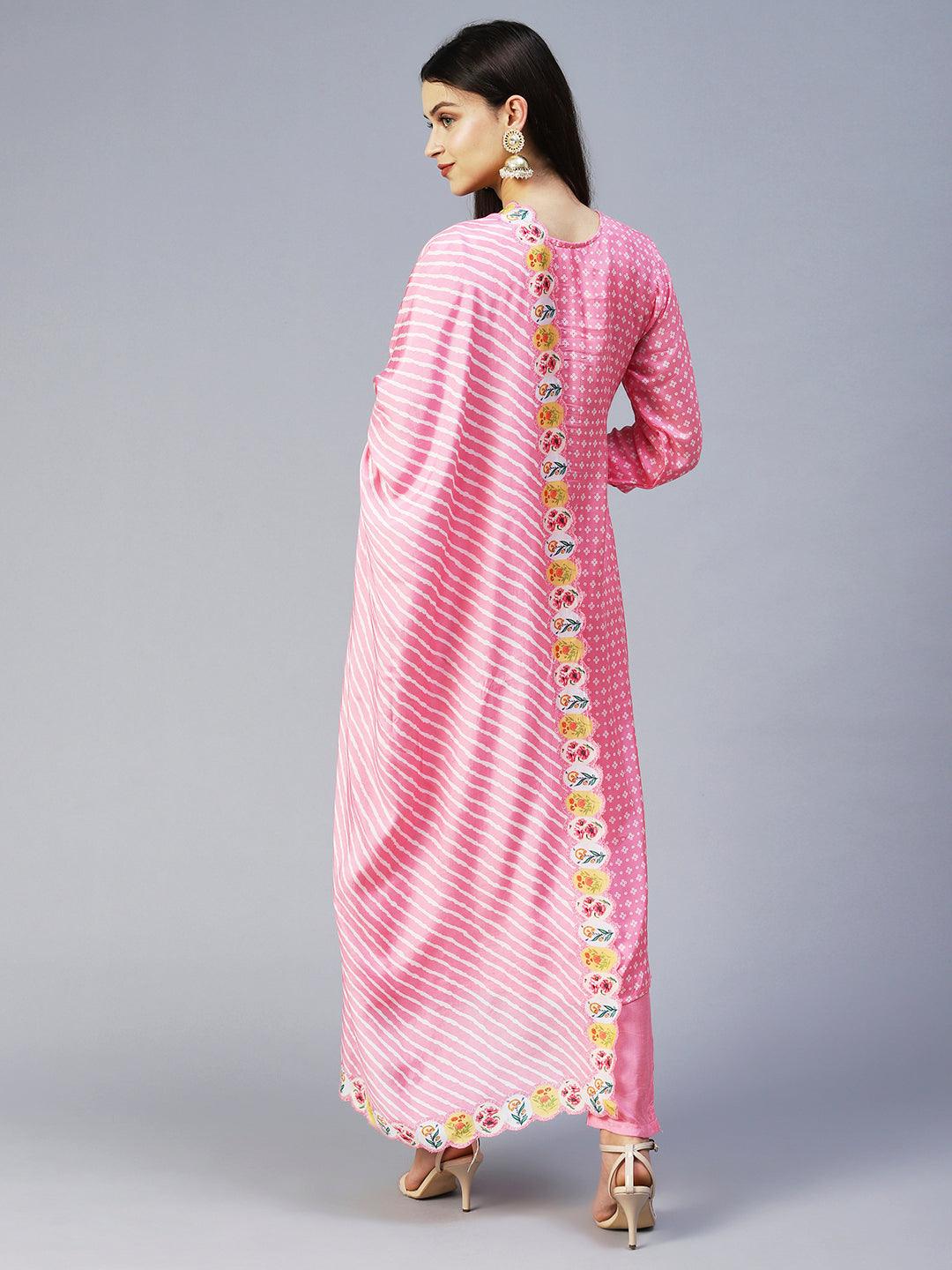 Bandhani Printed & Embroidered Kurta with Pant & Dupatta - Pink - Indiakreations