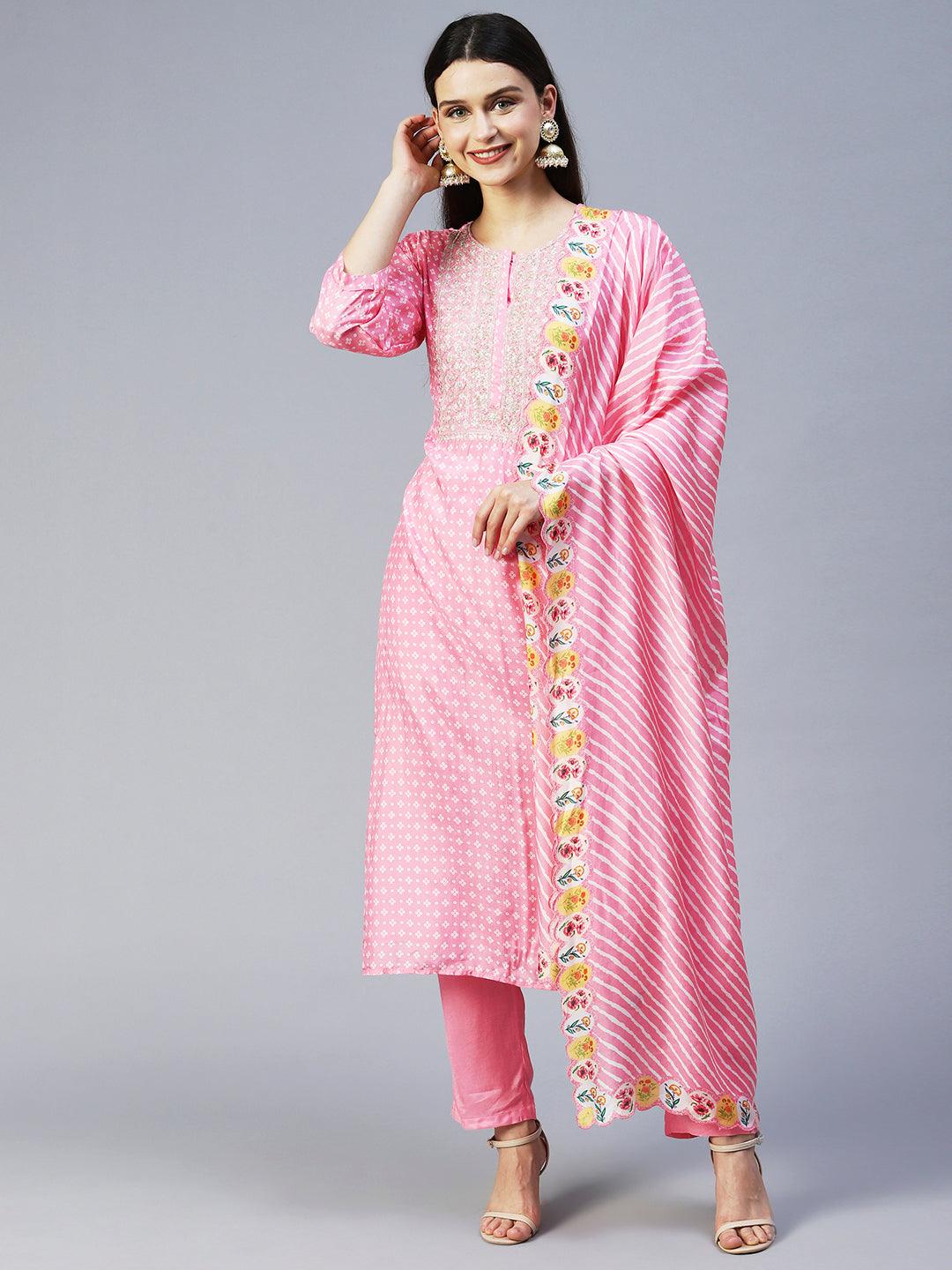 Bandhani Printed & Embroidered Kurta with Pant & Dupatta - Pink - Indiakreations