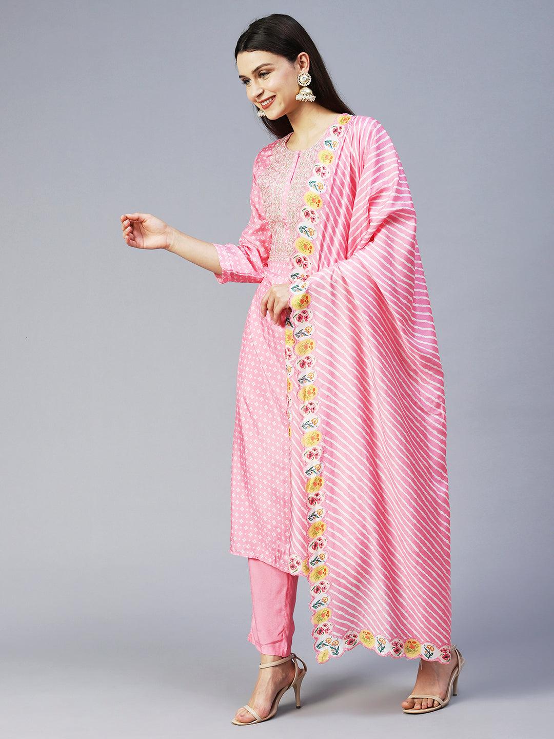 Bandhani Printed & Embroidered Kurta with Pant & Dupatta - Pink - Indiakreations