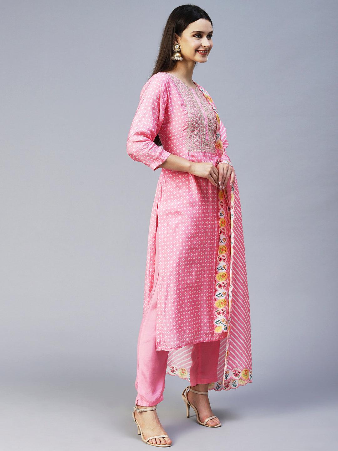 Bandhani Printed & Embroidered Kurta with Pant & Dupatta - Pink - Indiakreations