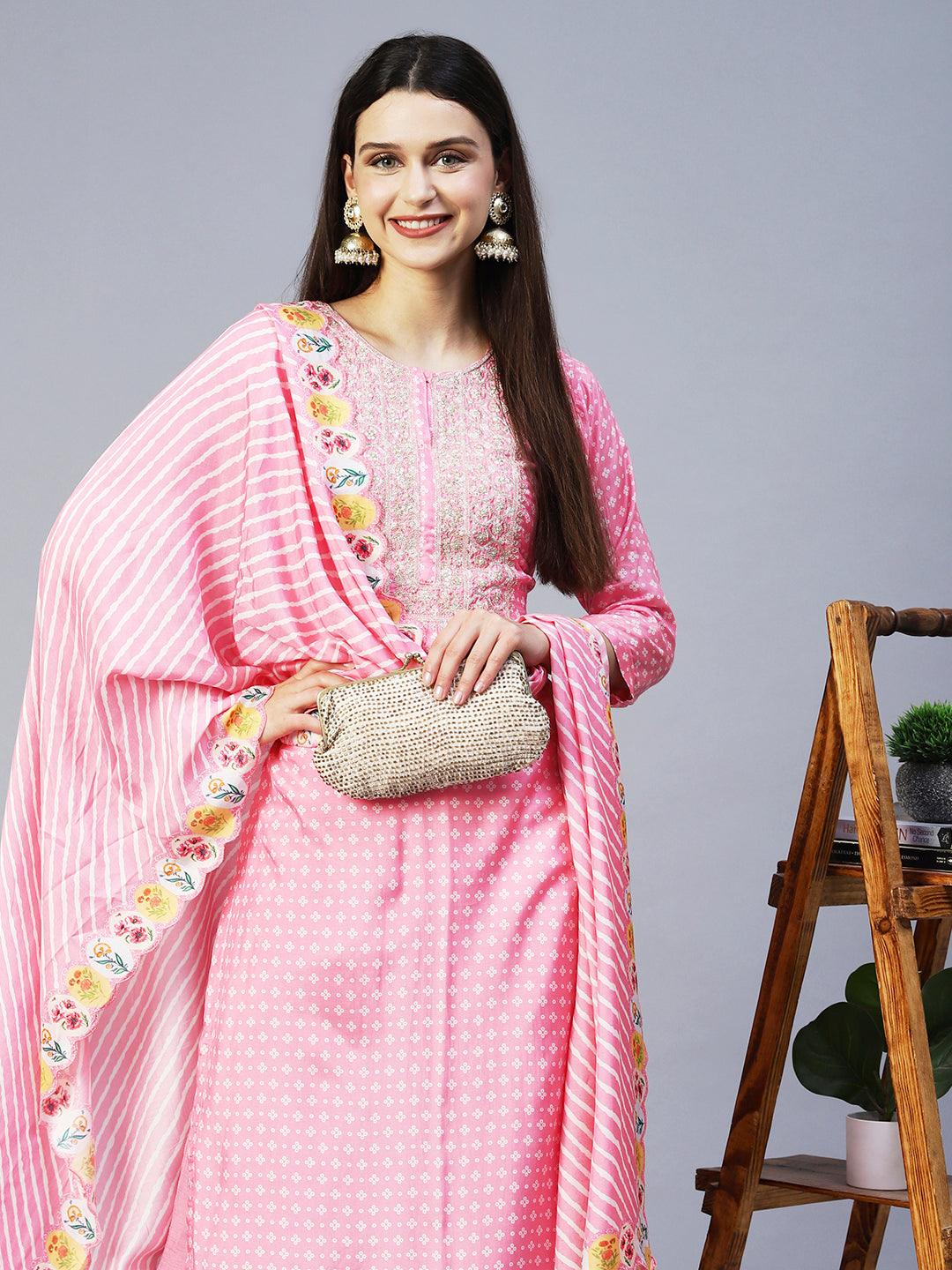 Bandhani Printed & Embroidered Kurta with Pant & Dupatta - Pink - Indiakreations