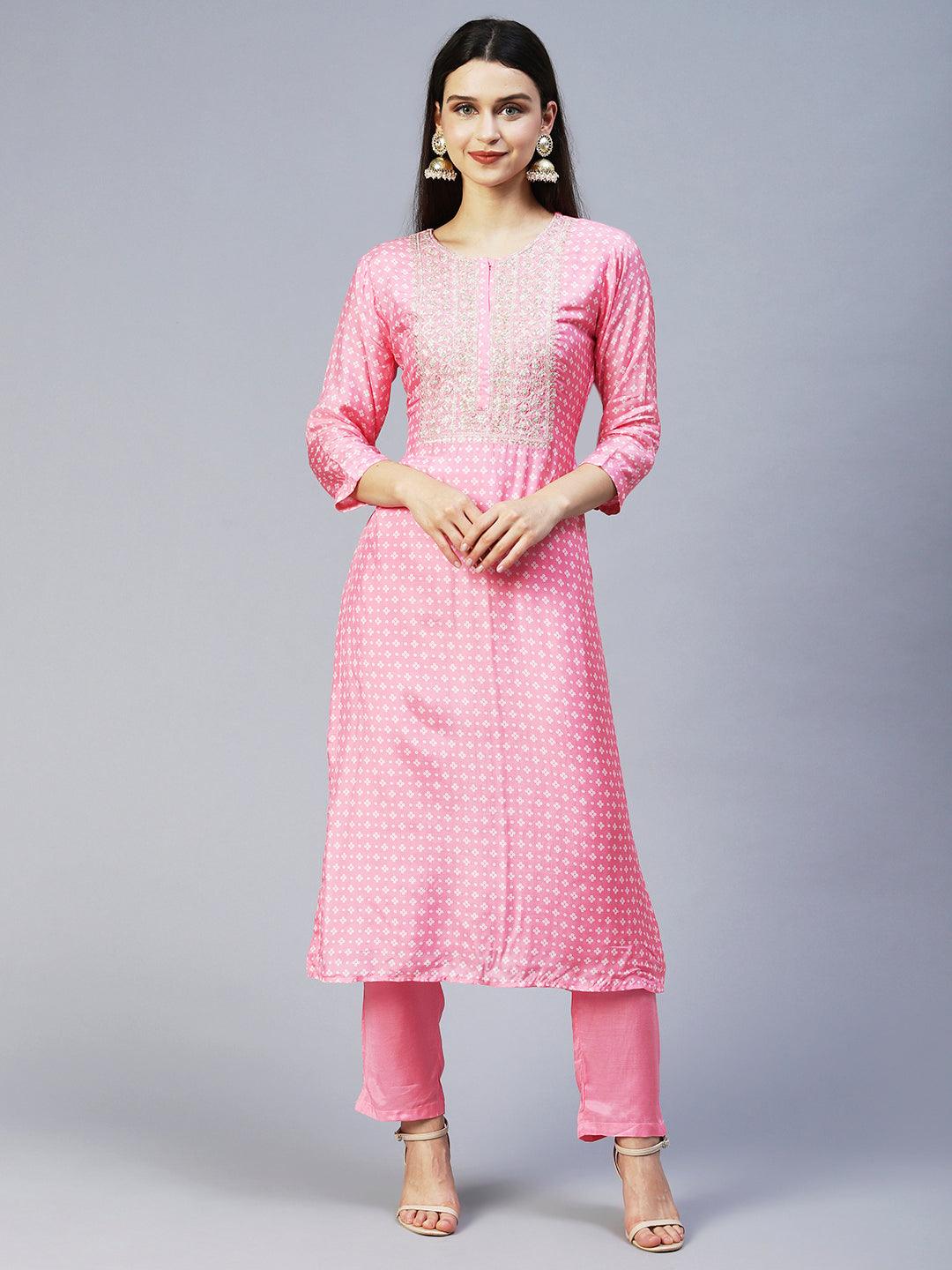 Bandhani Printed & Embroidered Kurta with Pant & Dupatta - Pink - Indiakreations