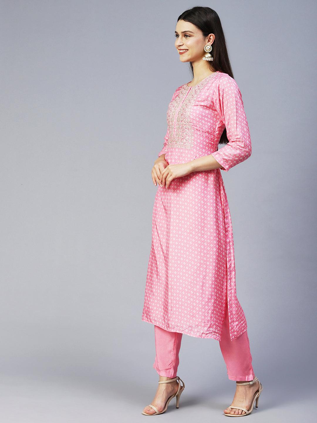 Bandhani Printed & Embroidered Kurta with Pant & Dupatta - Pink - Indiakreations