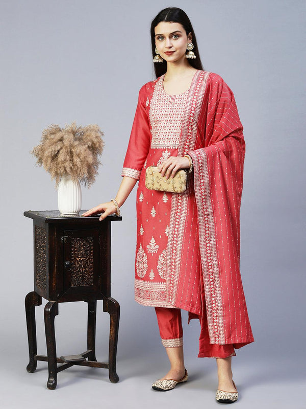 Ethnic Printed Straight Kurta with Pant & Dupatta - Pink - Indiakreations