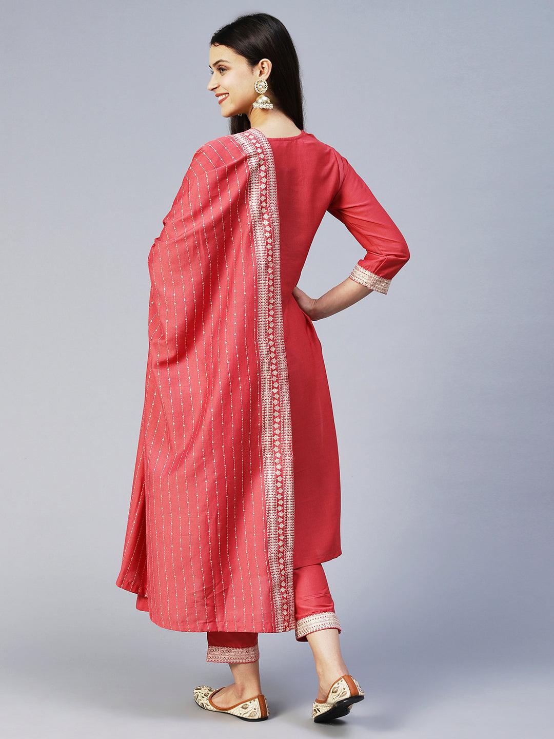 Ethnic Printed Straight Kurta with Pant & Dupatta - Pink - Indiakreations