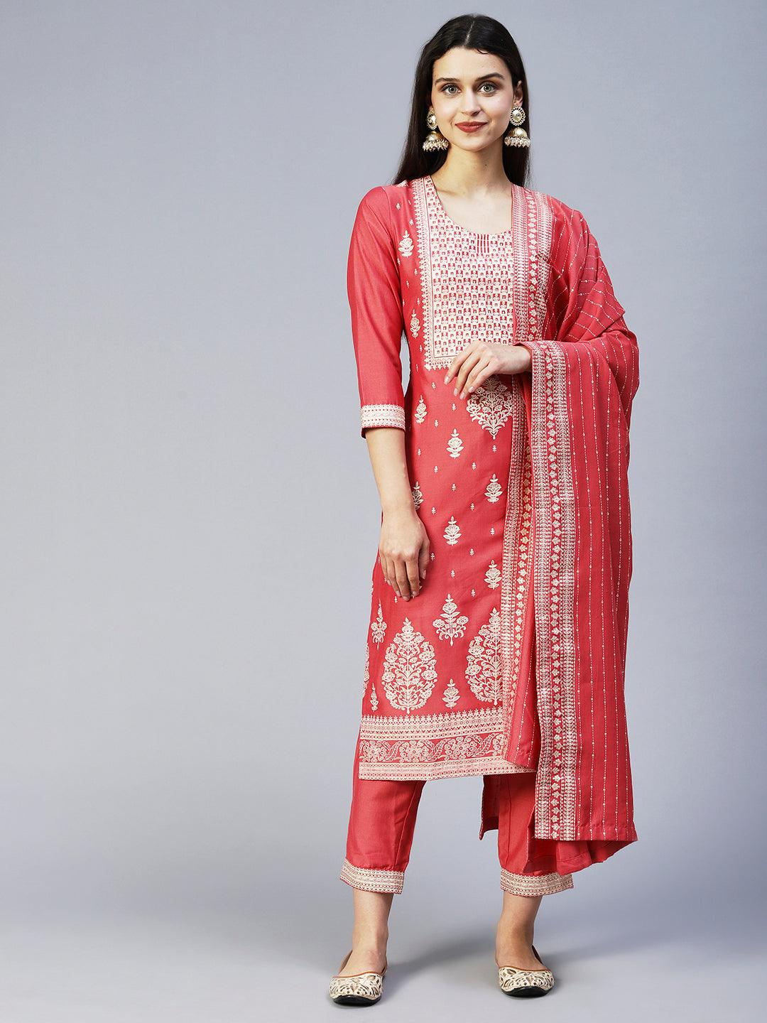 Ethnic Printed Straight Kurta with Pant & Dupatta - Pink - Indiakreations