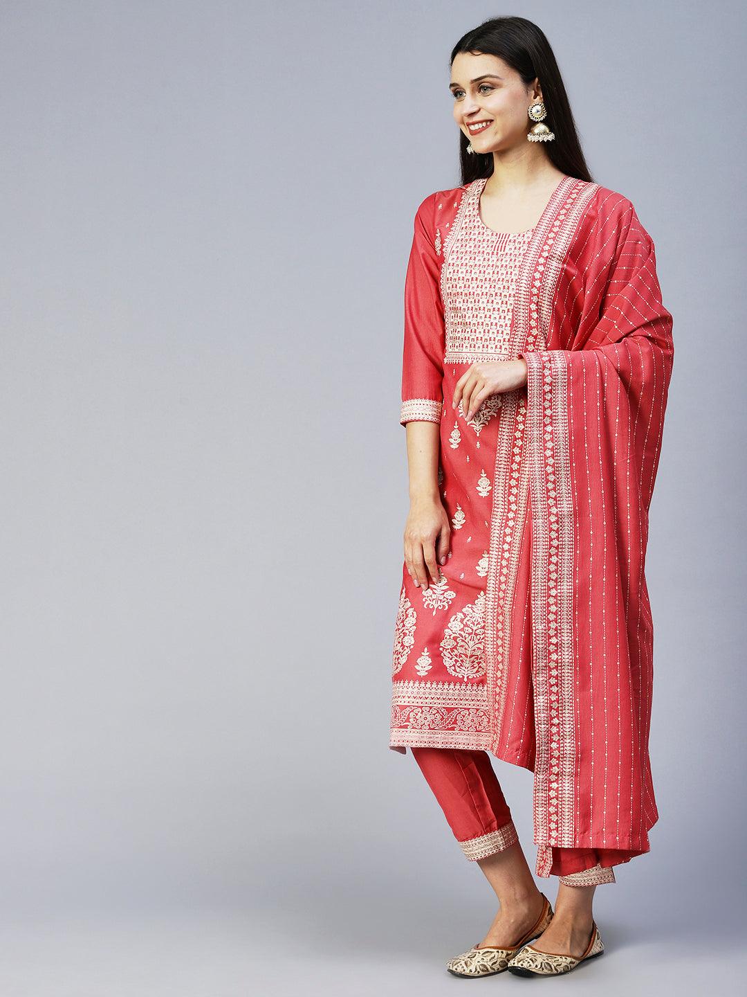 Ethnic Printed Straight Kurta with Pant & Dupatta - Pink - Indiakreations