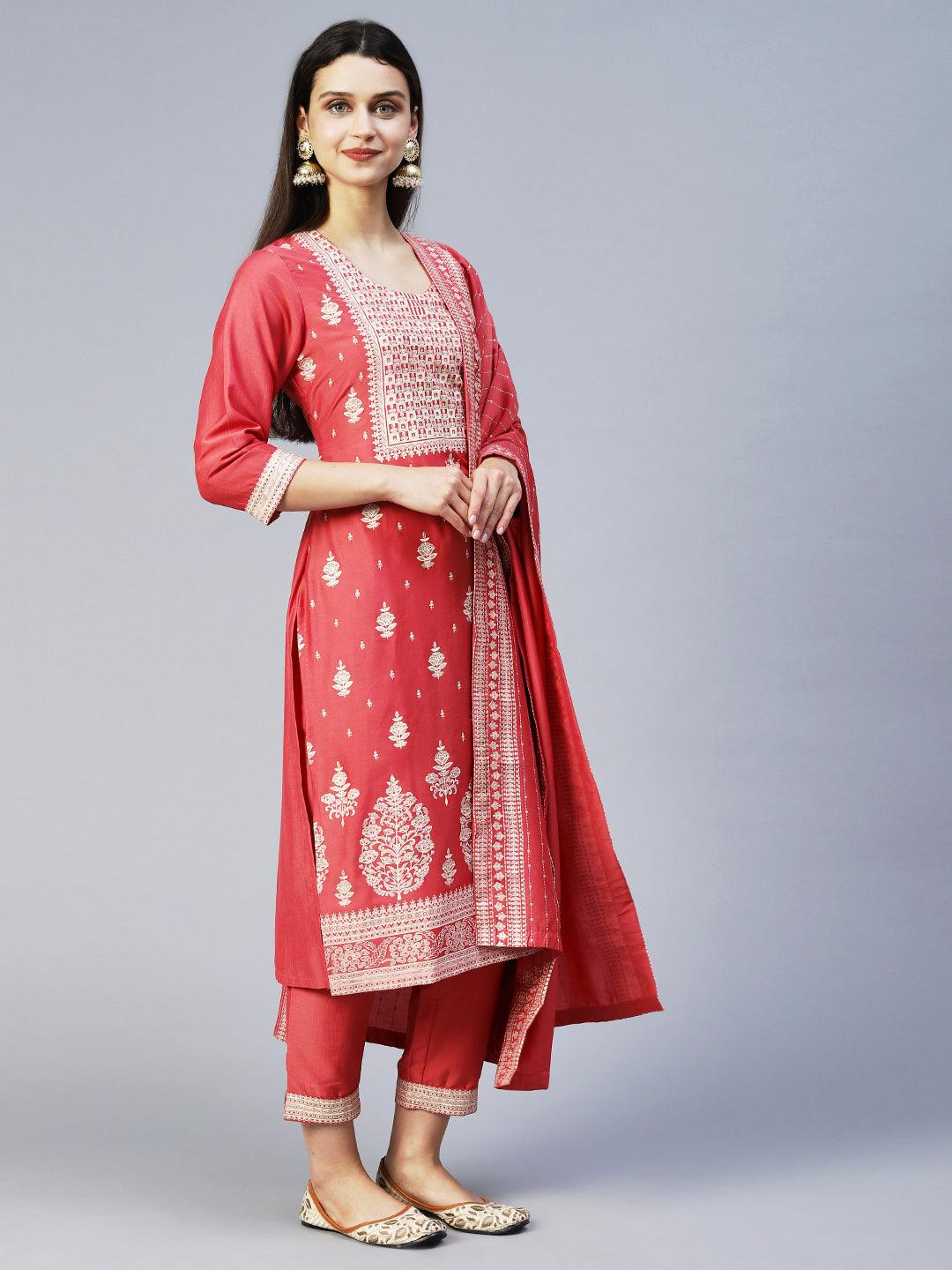 Ethnic Printed Straight Kurta with Pant & Dupatta - Pink - Indiakreations