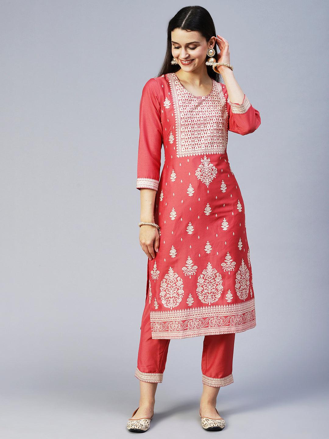 Ethnic Printed Straight Kurta with Pant & Dupatta - Pink - Indiakreations