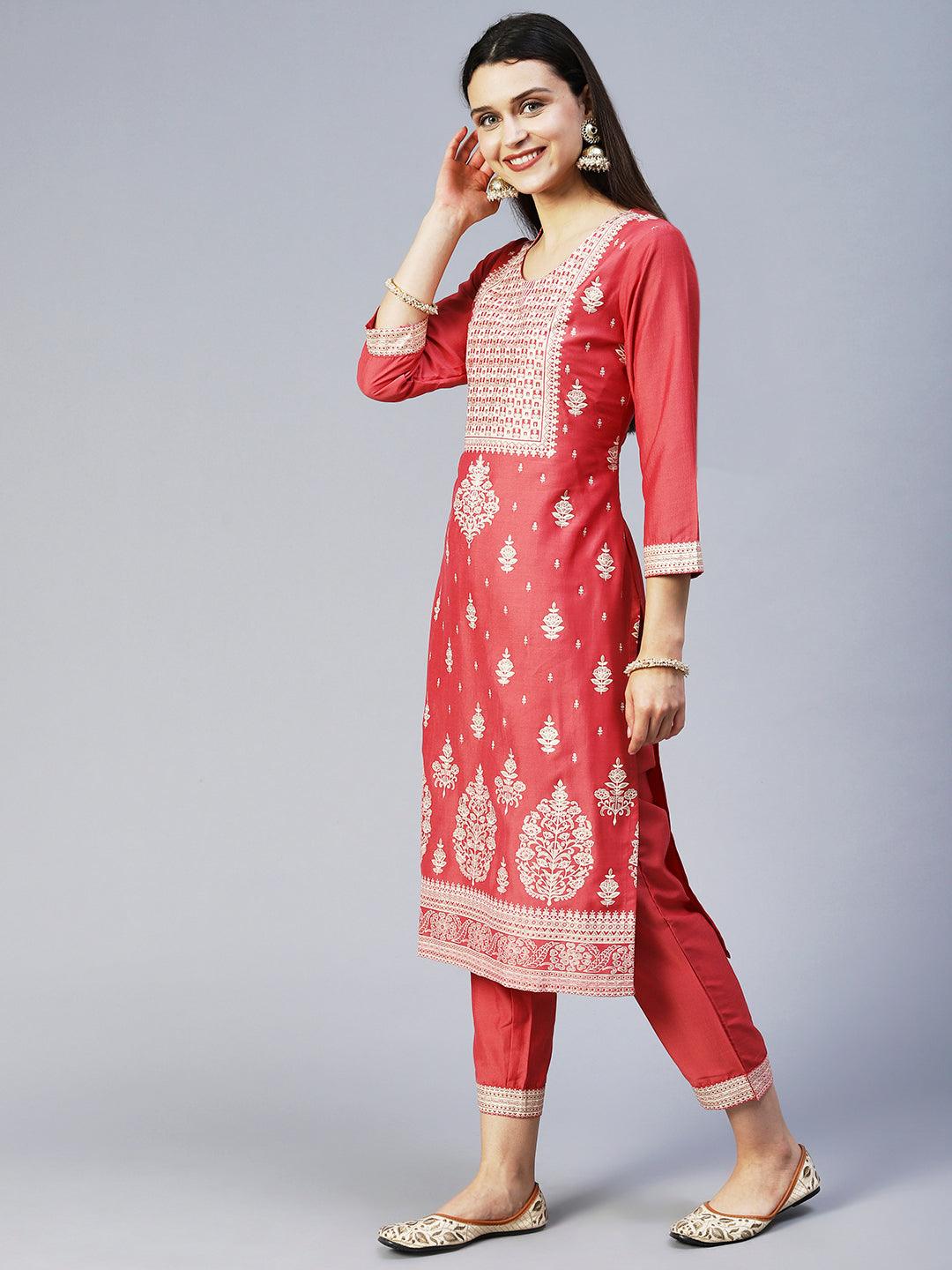 Ethnic Printed Straight Kurta with Pant & Dupatta - Pink - Indiakreations