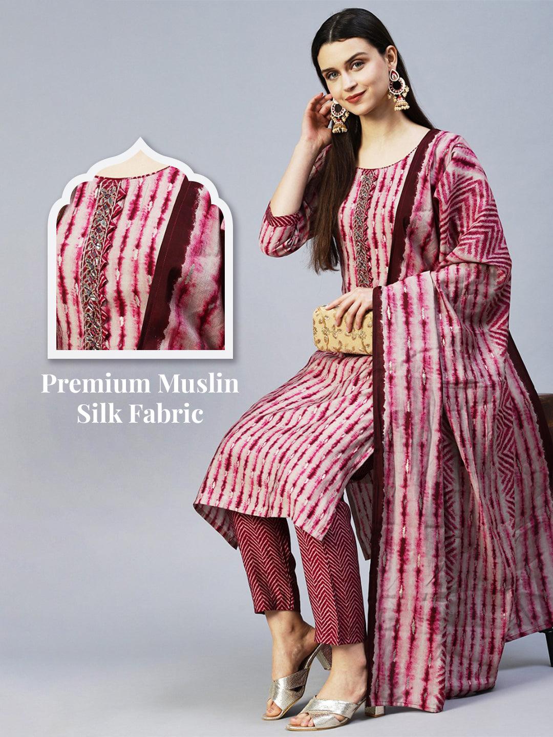 Ethnic Printed & Hand Embroidered Straight Kurta with Pant & Dupatta - Wine - Indiakreations