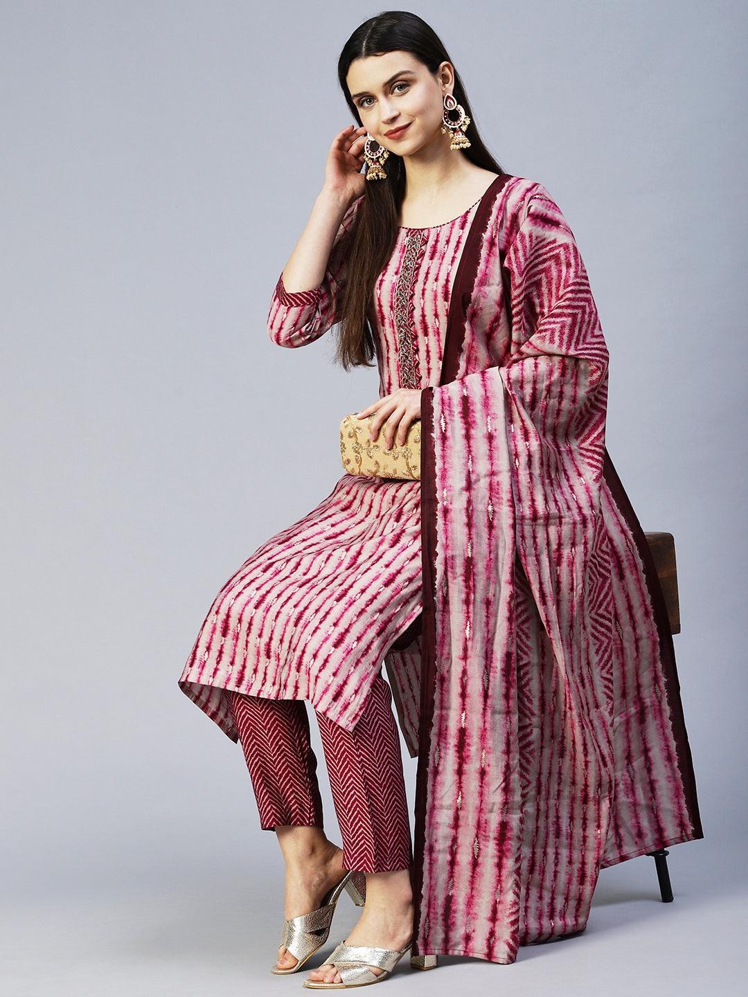 Ethnic Printed & Hand Embroidered Straight Kurta with Pant & Dupatta - Wine - Indiakreations