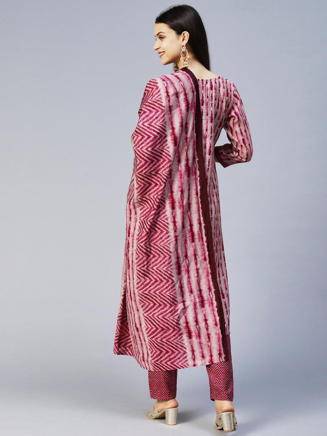 Ethnic Printed & Hand Embroidered Straight Kurta with Pant & Dupatta - Wine - Indiakreations