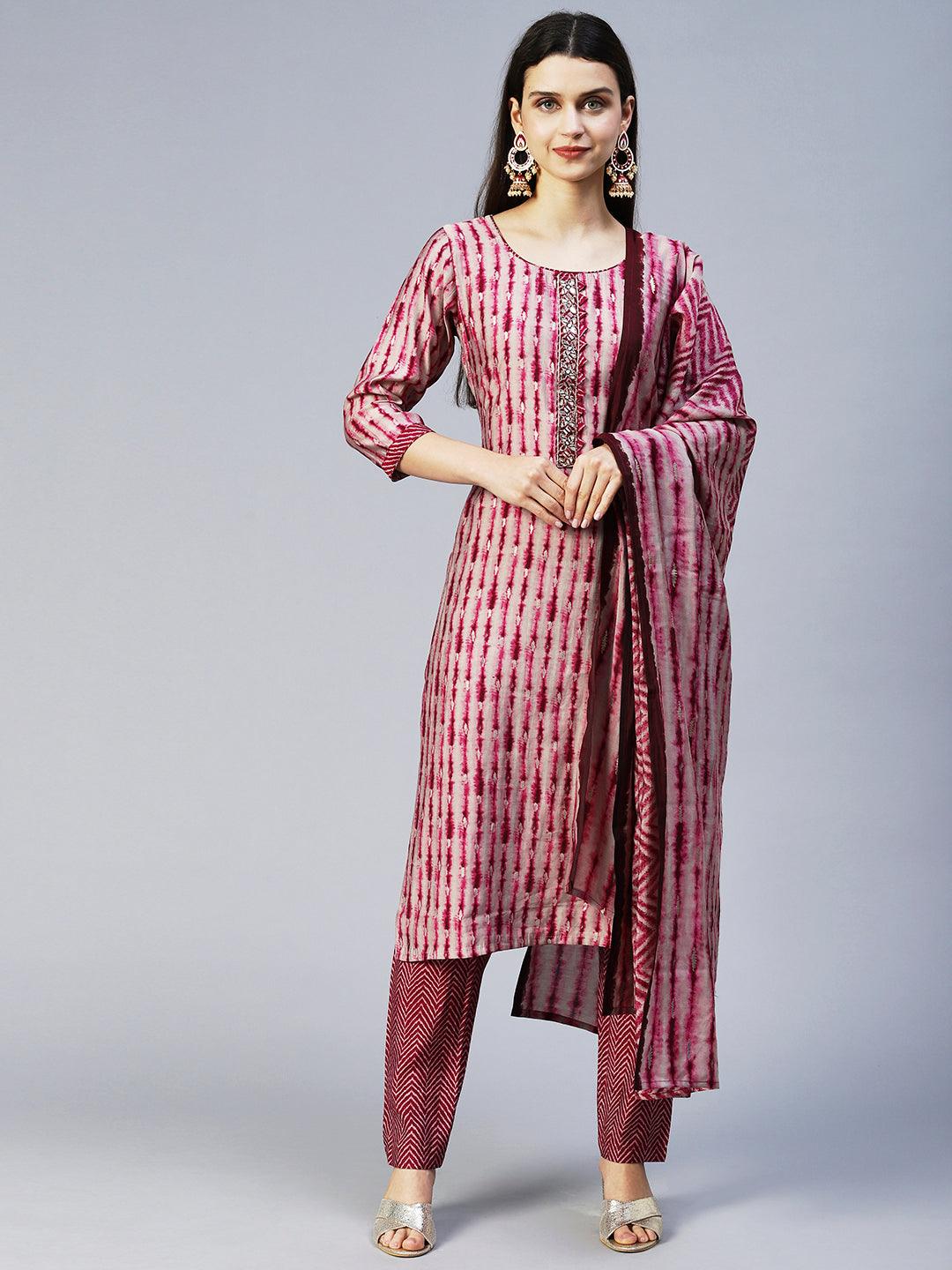 Ethnic Printed & Hand Embroidered Straight Kurta with Pant & Dupatta - Wine - Indiakreations