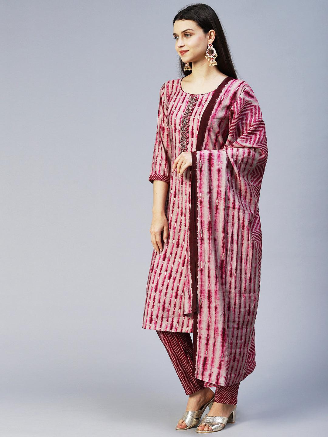 Ethnic Printed & Hand Embroidered Straight Kurta with Pant & Dupatta - Wine - Indiakreations