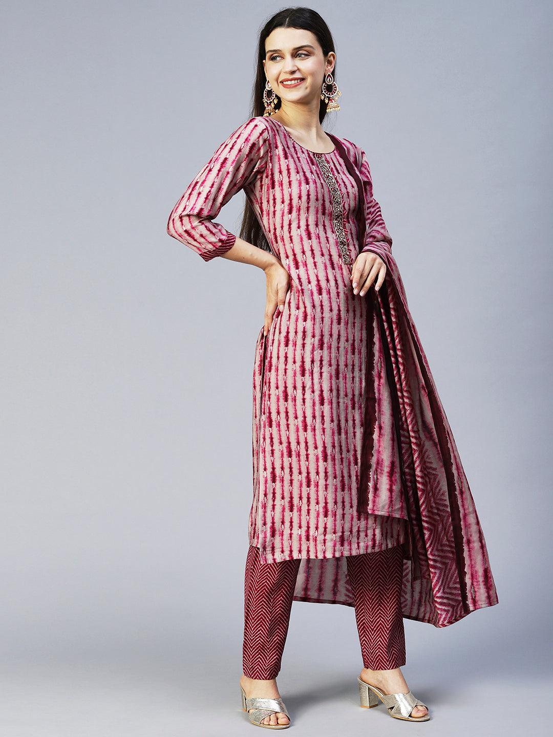 Ethnic Printed & Hand Embroidered Straight Kurta with Pant & Dupatta - Wine - Indiakreations