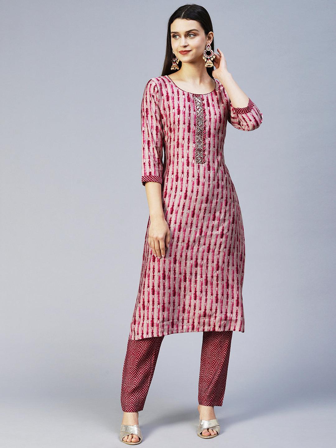 Ethnic Printed & Hand Embroidered Straight Kurta with Pant & Dupatta - Wine - Indiakreations