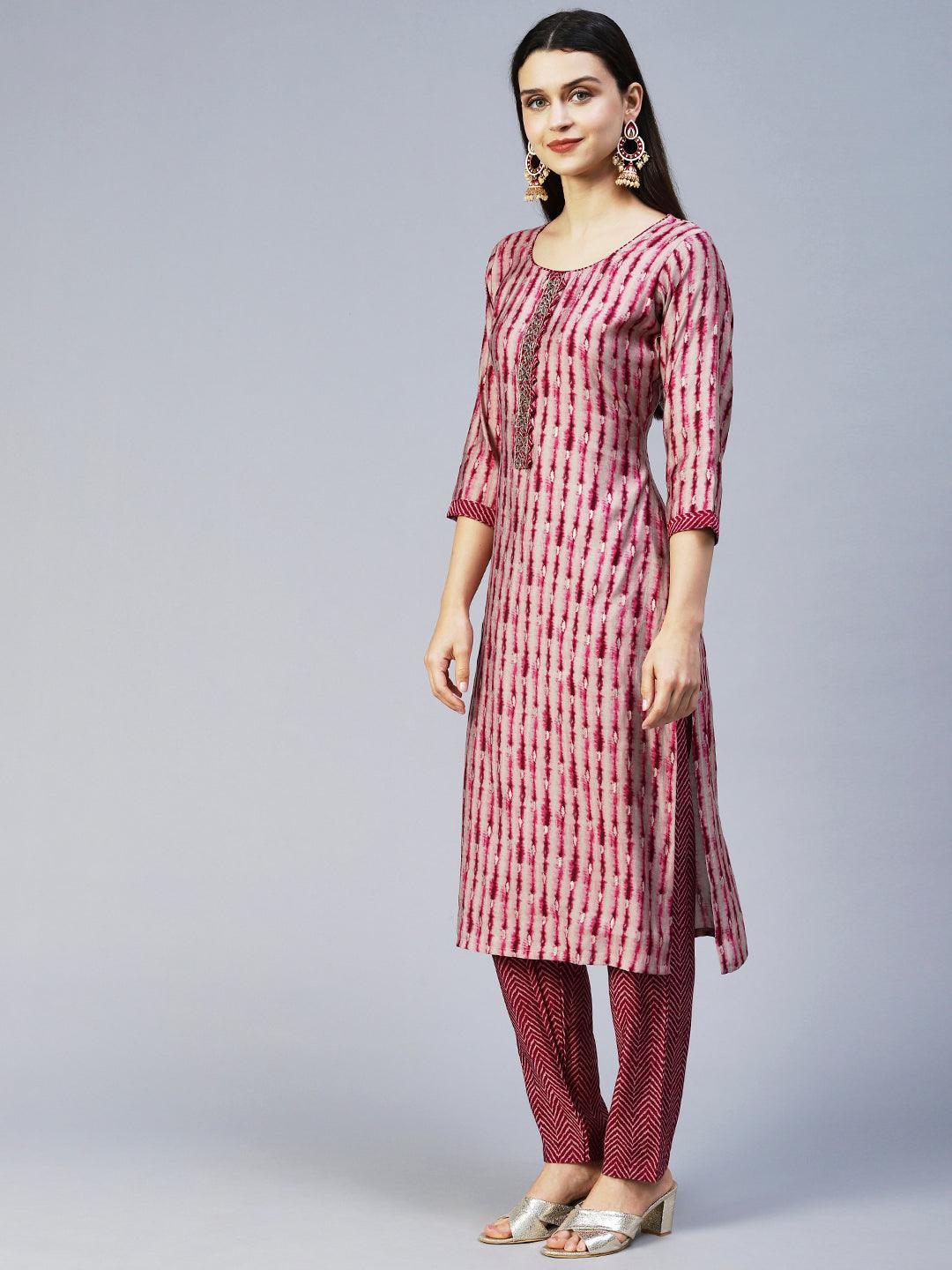 Ethnic Printed & Hand Embroidered Straight Kurta with Pant & Dupatta - Wine - Indiakreations