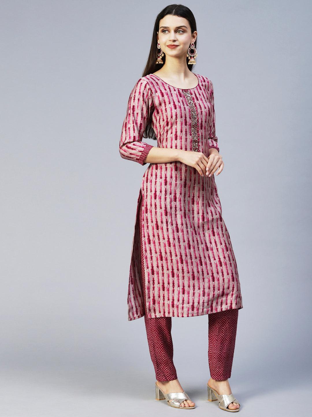 Ethnic Printed & Hand Embroidered Straight Kurta with Pant & Dupatta - Wine - Indiakreations