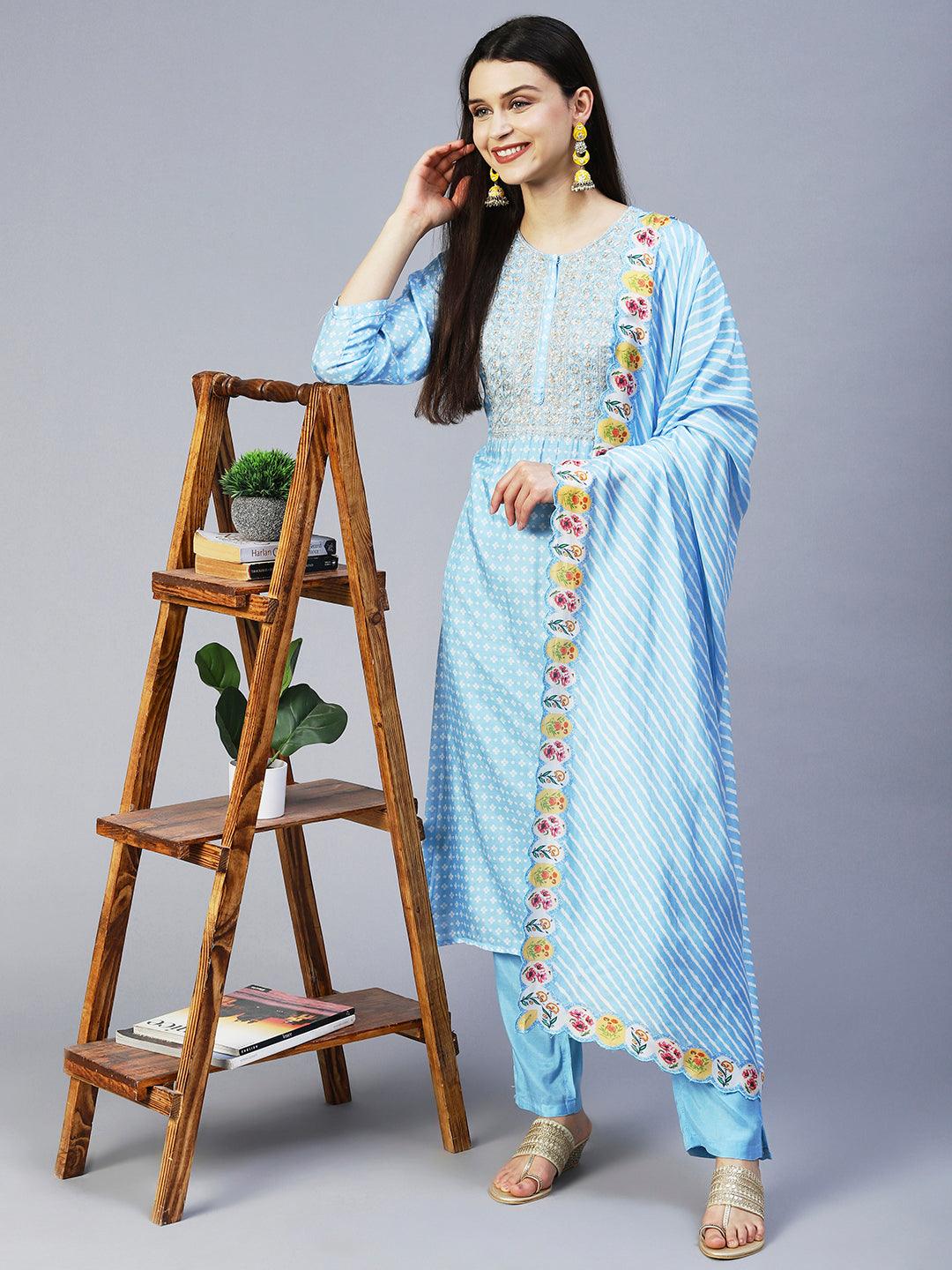 Bandhani Printed & Embroidered Kurta with Pant & Dupatta - Light Blue - Indiakreations