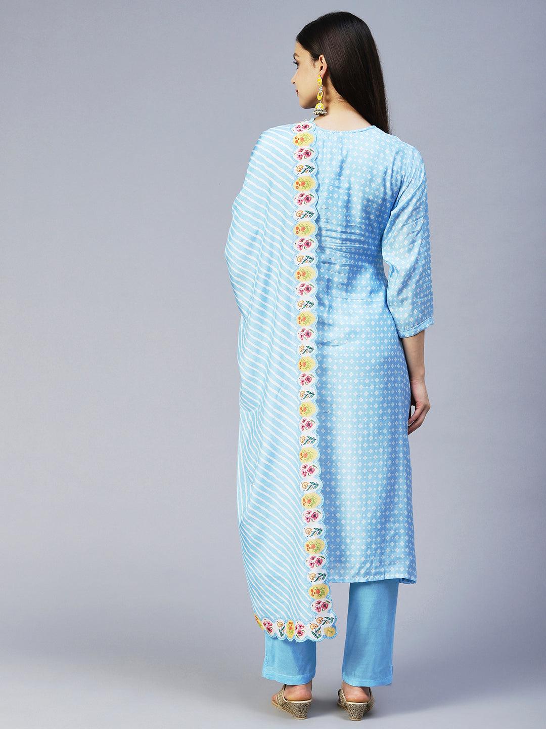 Bandhani Printed & Embroidered Kurta with Pant & Dupatta - Light Blue - Indiakreations