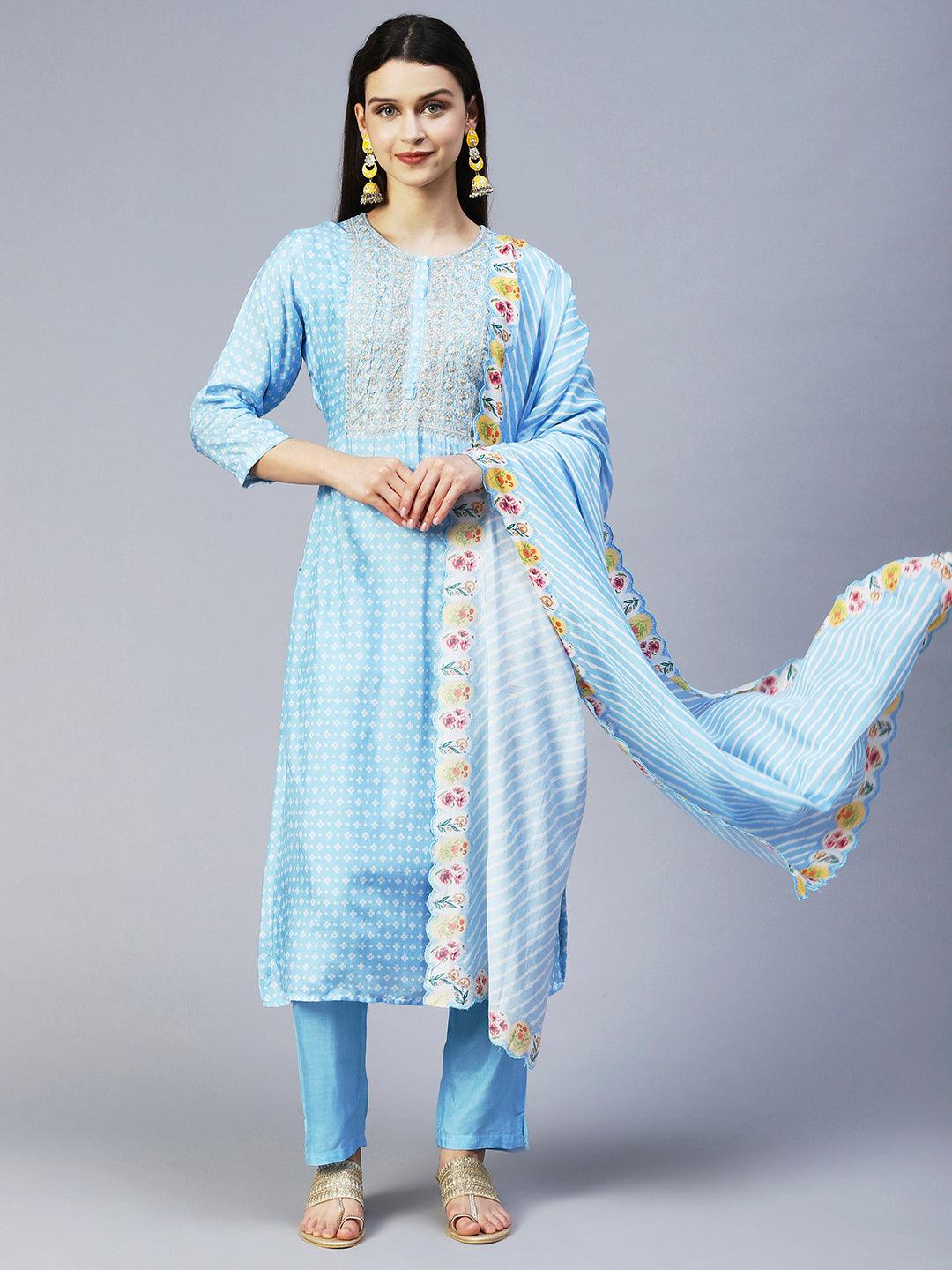 Bandhani Printed & Embroidered Kurta with Pant & Dupatta - Light Blue - Indiakreations