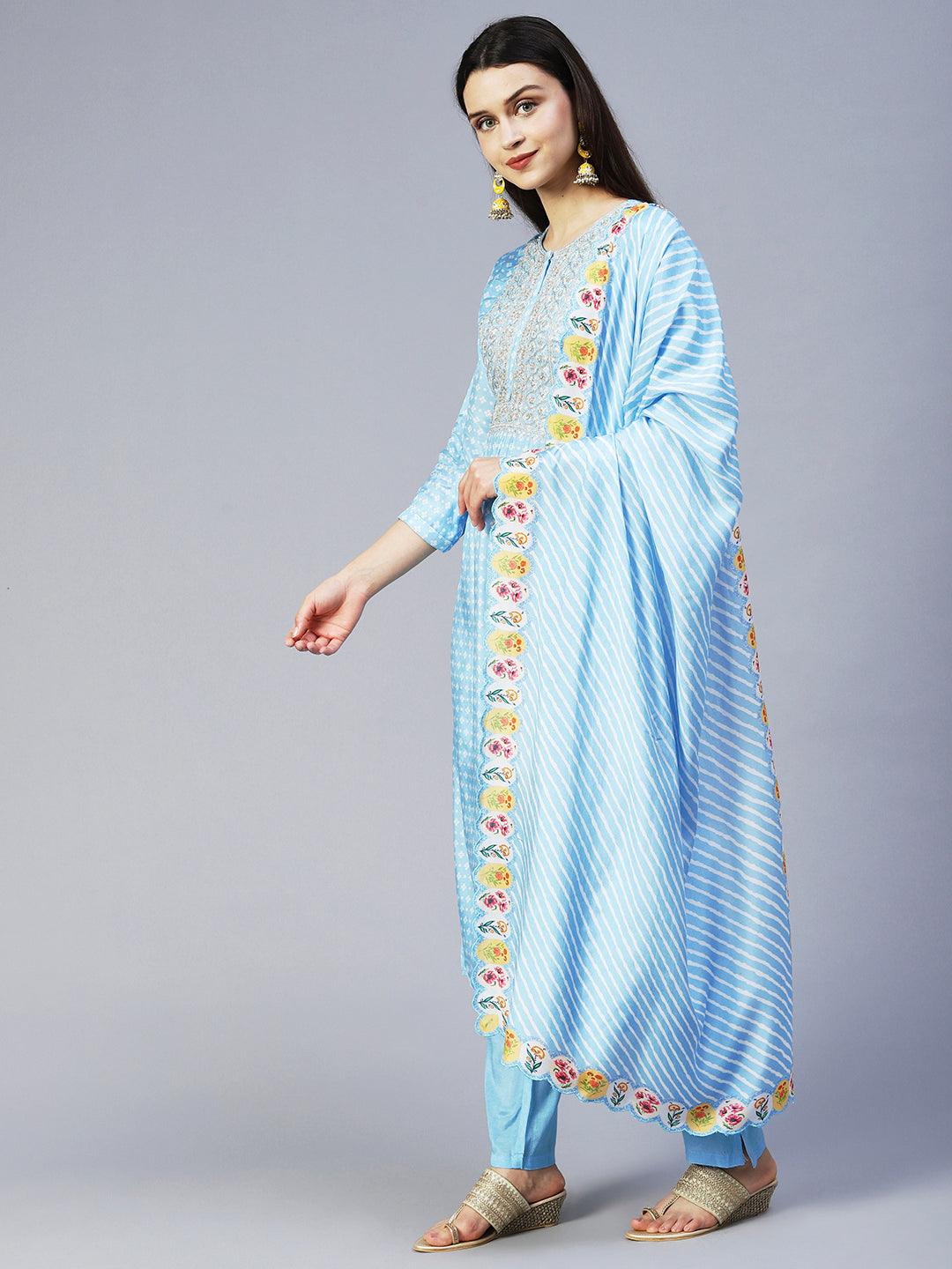 Bandhani Printed & Embroidered Kurta with Pant & Dupatta - Light Blue - Indiakreations