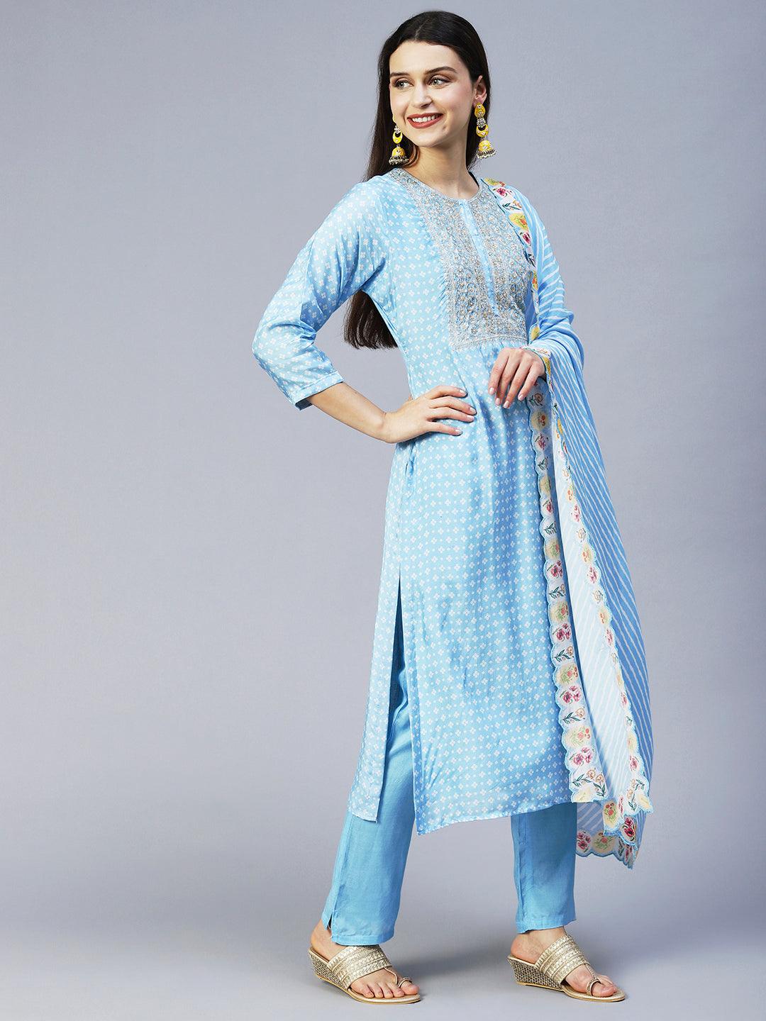 Bandhani Printed & Embroidered Kurta with Pant & Dupatta - Light Blue - Indiakreations